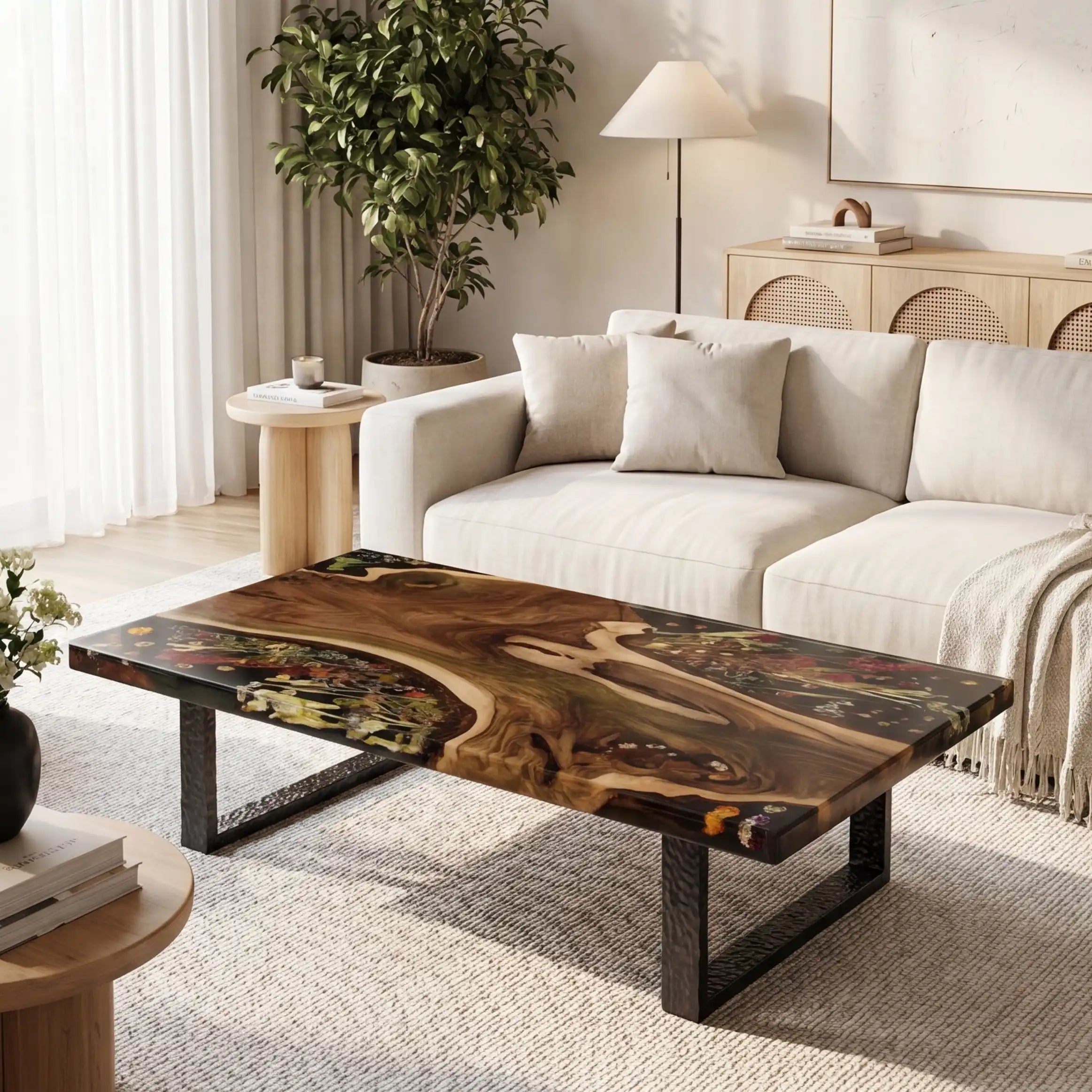 Black Walnut & Floral Black Resin Coffee Table BRT40