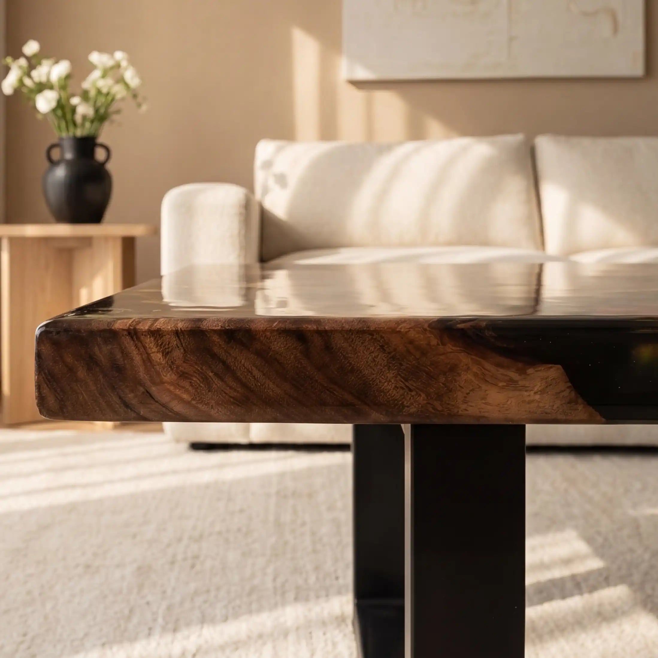 Black Walnut & Floral Black Resin Coffee Table BRT40