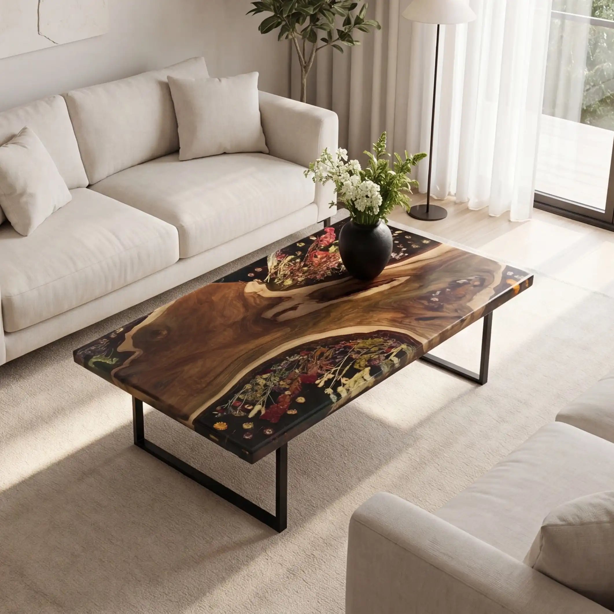 Black Walnut & Floral Black Resin Coffee Table BRT40