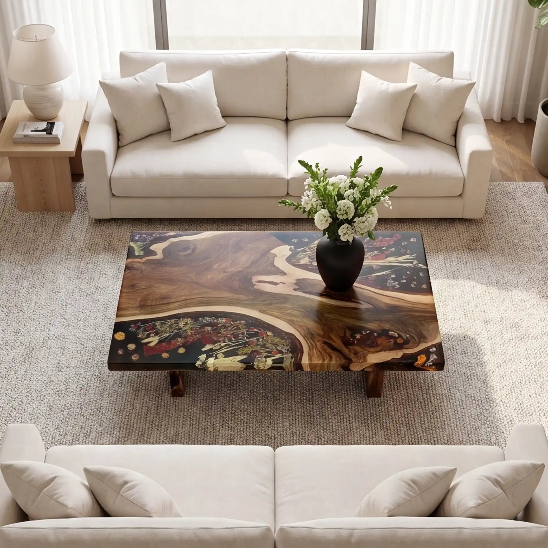 Black Walnut & Floral Black Resin Coffee Table BRT40