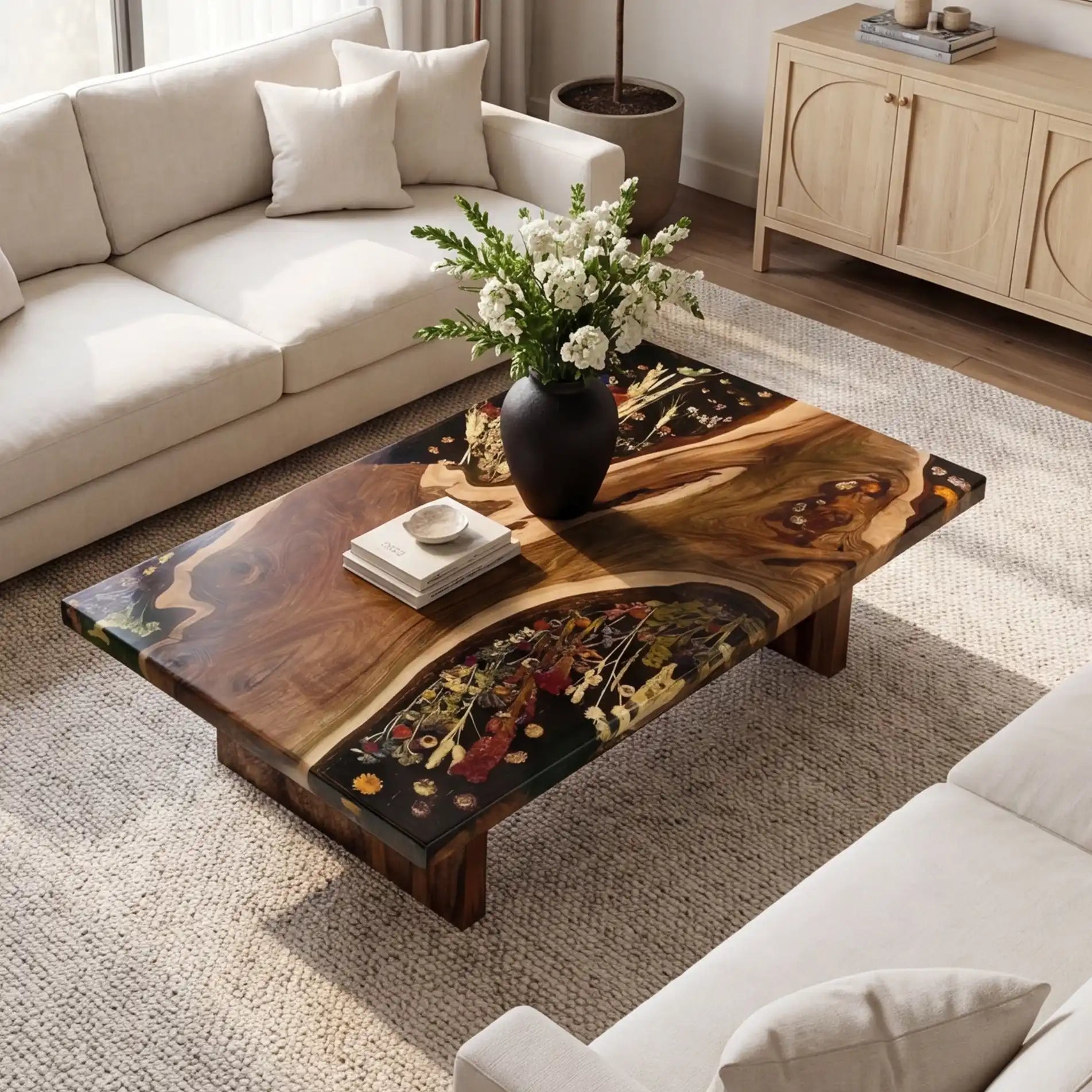 Black Walnut & Floral Black Resin Coffee Table BRT40
