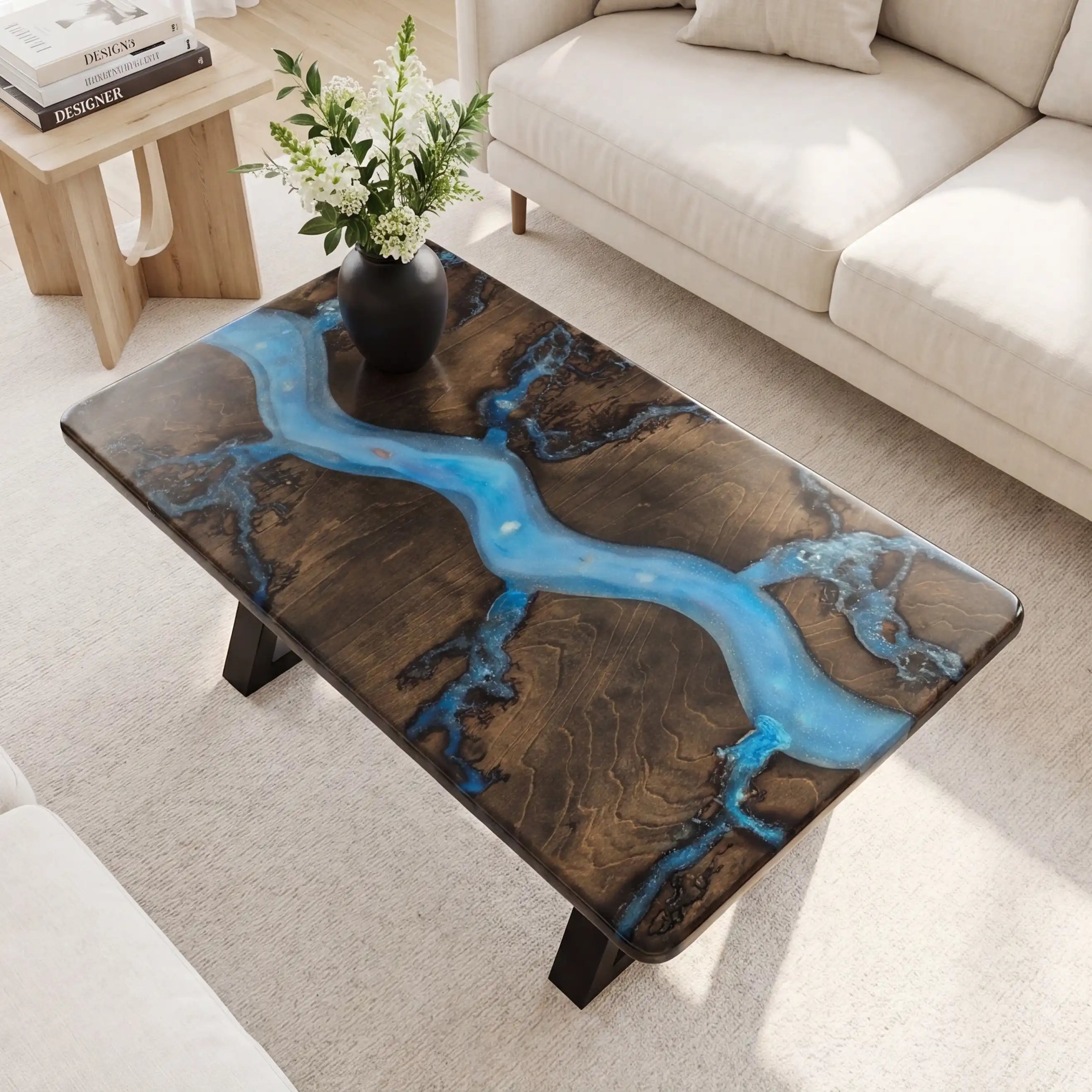 Black Walnut & Fractal Blue Resin Coffee Table BRT11