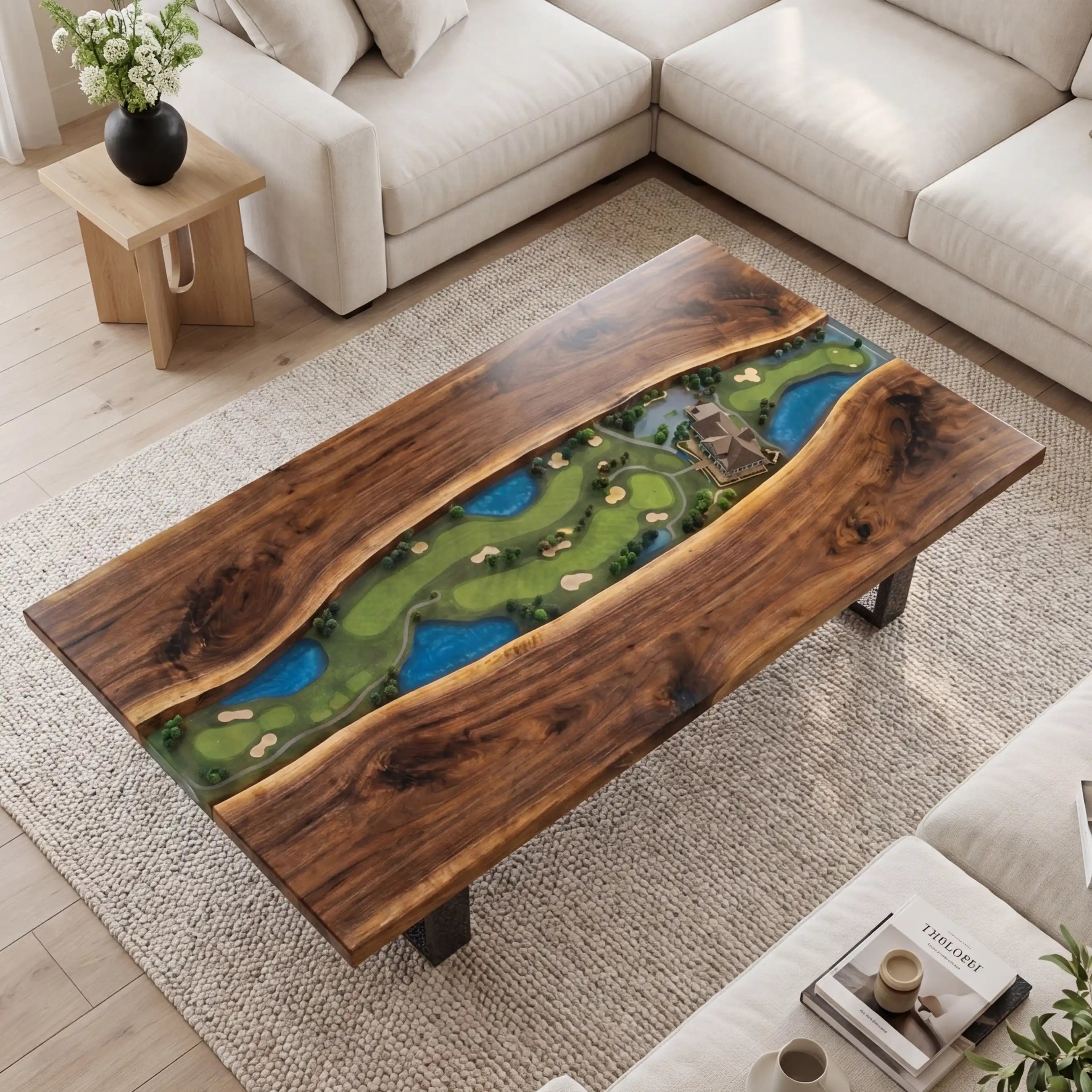 Black Walnut & Golf Course Diorama Resin Coffee Table BRT41
