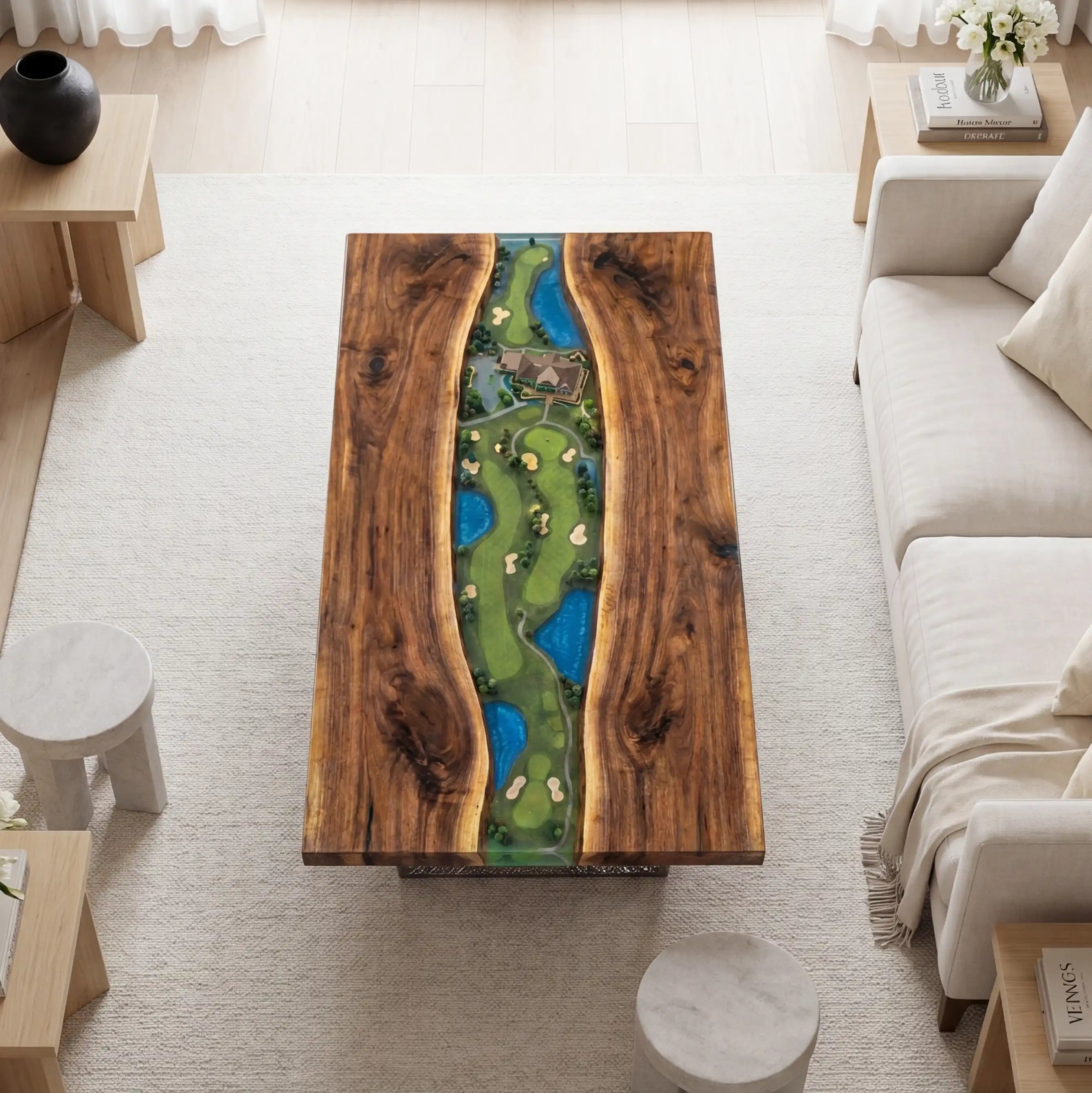 Black Walnut & Golf Course Diorama Resin Coffee Table BRT41