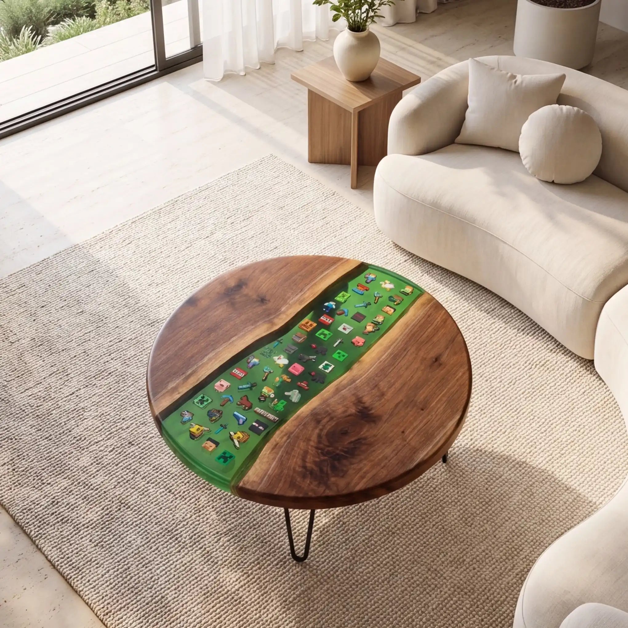 Black Walnut & Green Pixel Art Resin Round Coffee Table BRT45