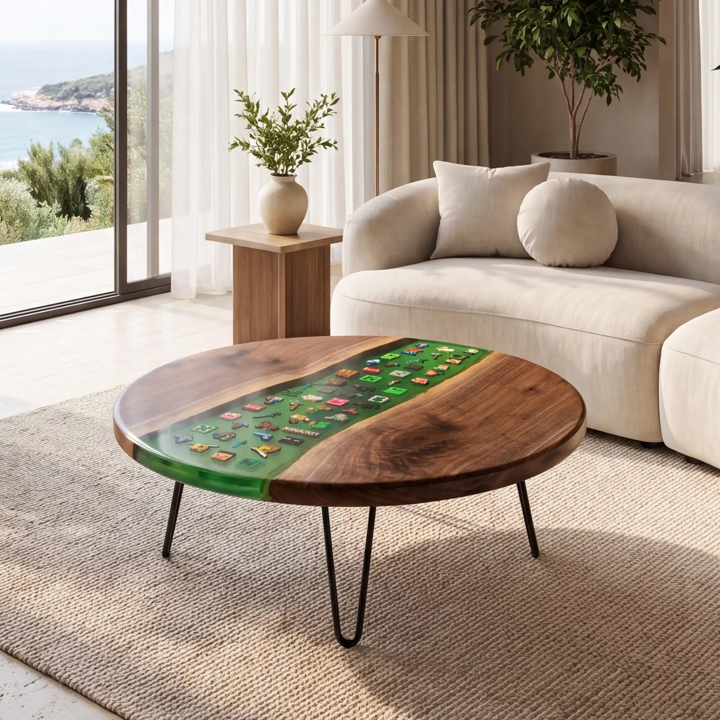 Black Walnut & Green Pixel Art Resin Round Coffee Table BRT45