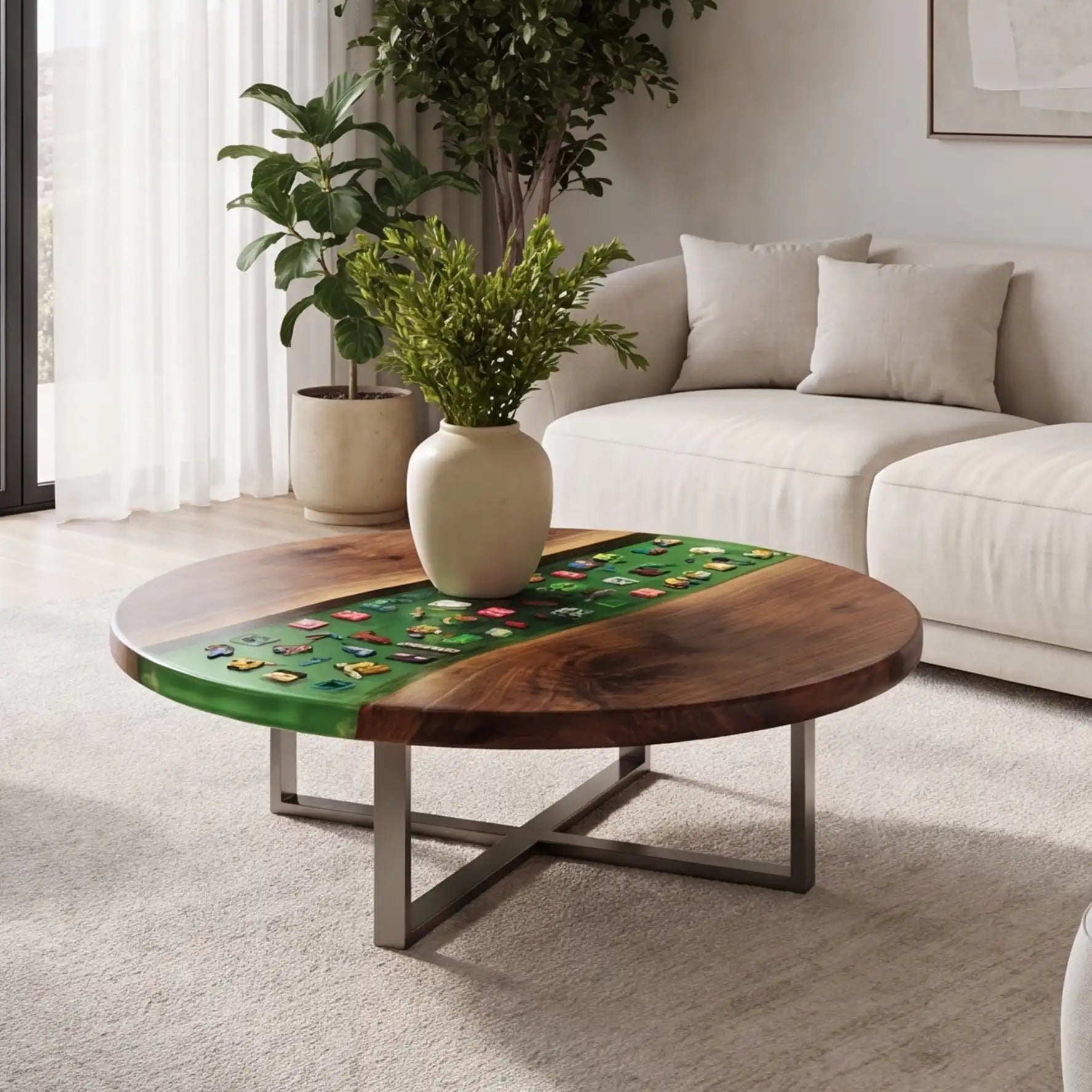 Black Walnut & Green Pixel Art Resin Round Coffee Table BRT45