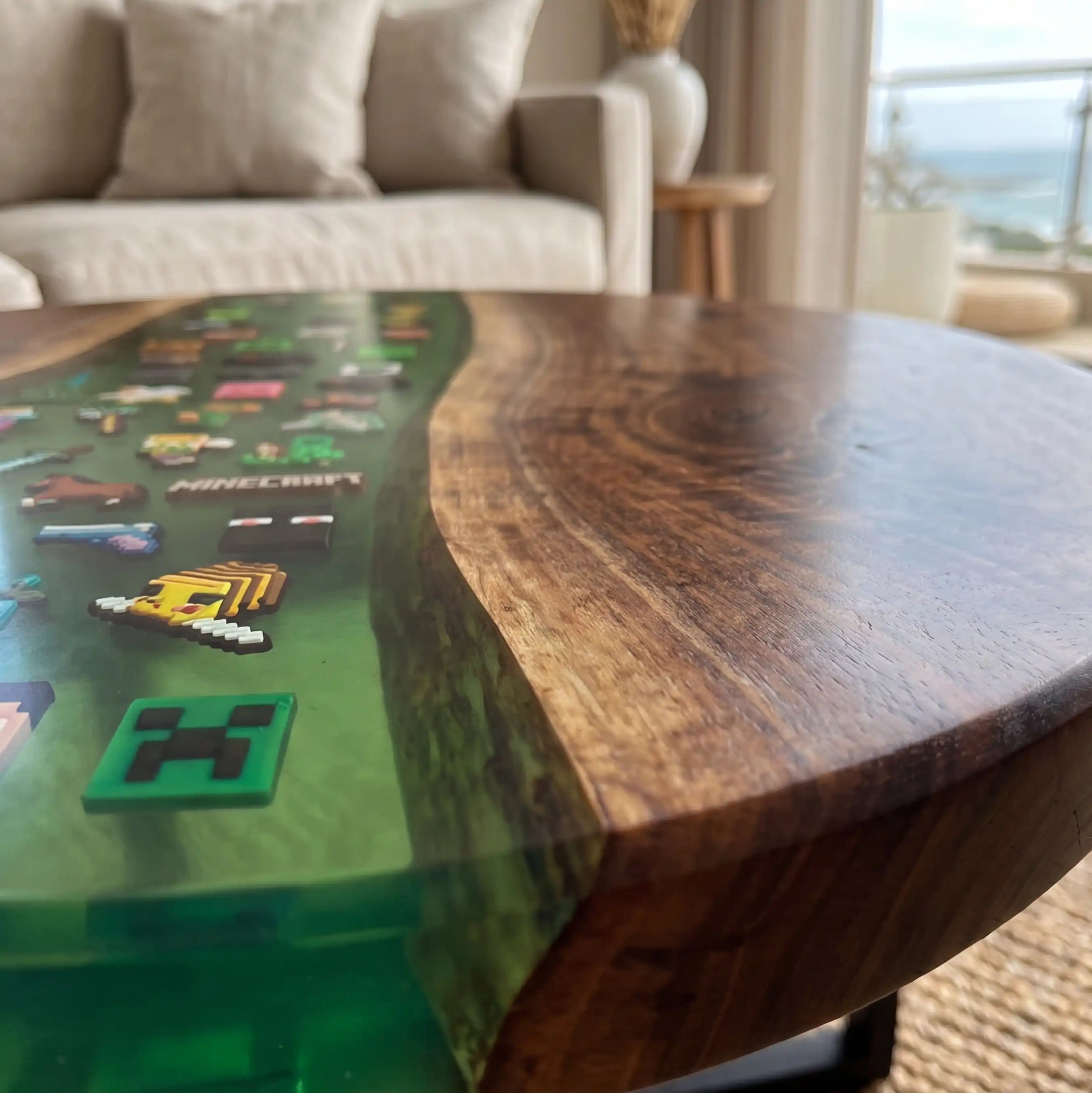 Black Walnut & Green Pixel Art Resin Round Coffee Table BRT45