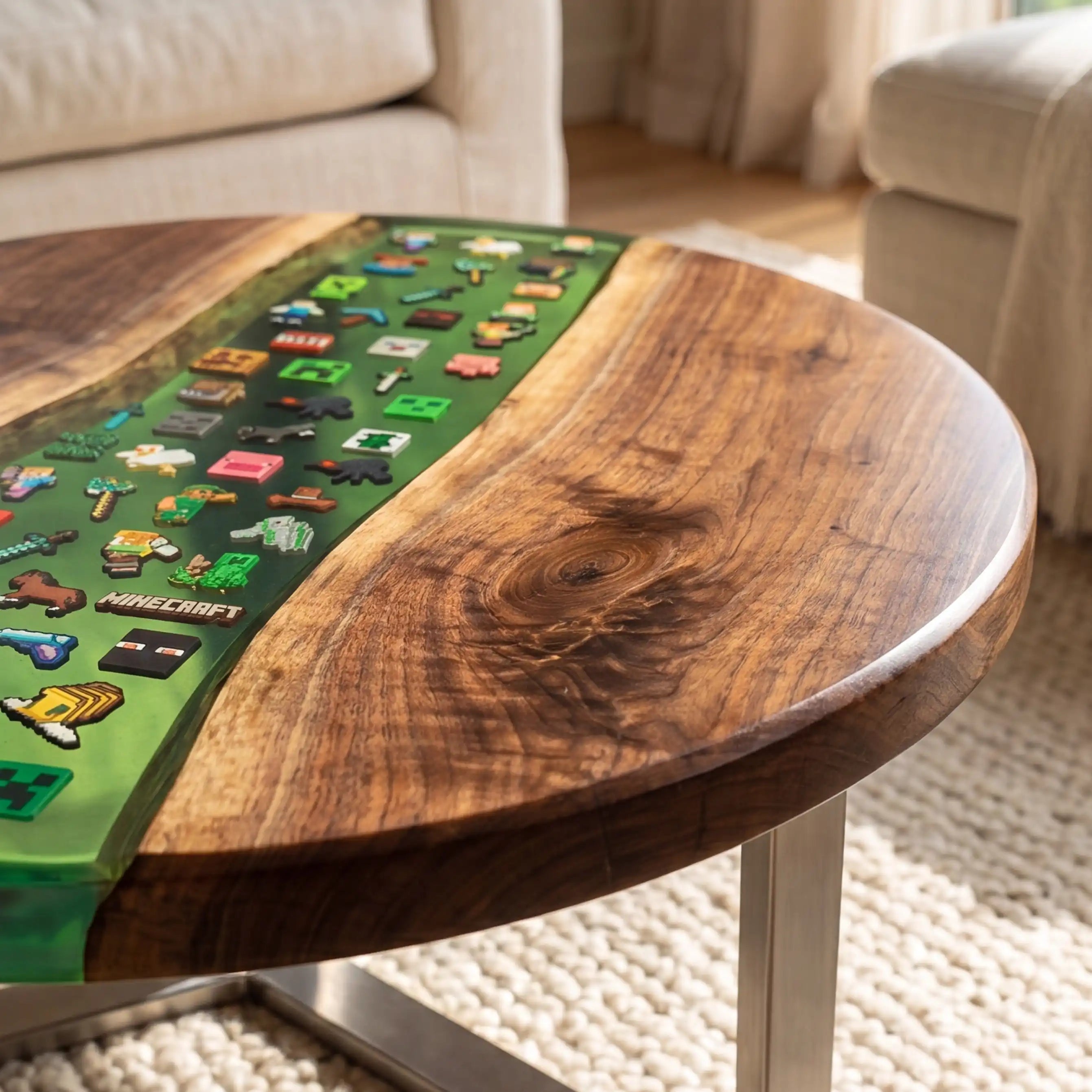 Black Walnut & Green Pixel Art Resin Round Coffee Table BRT45