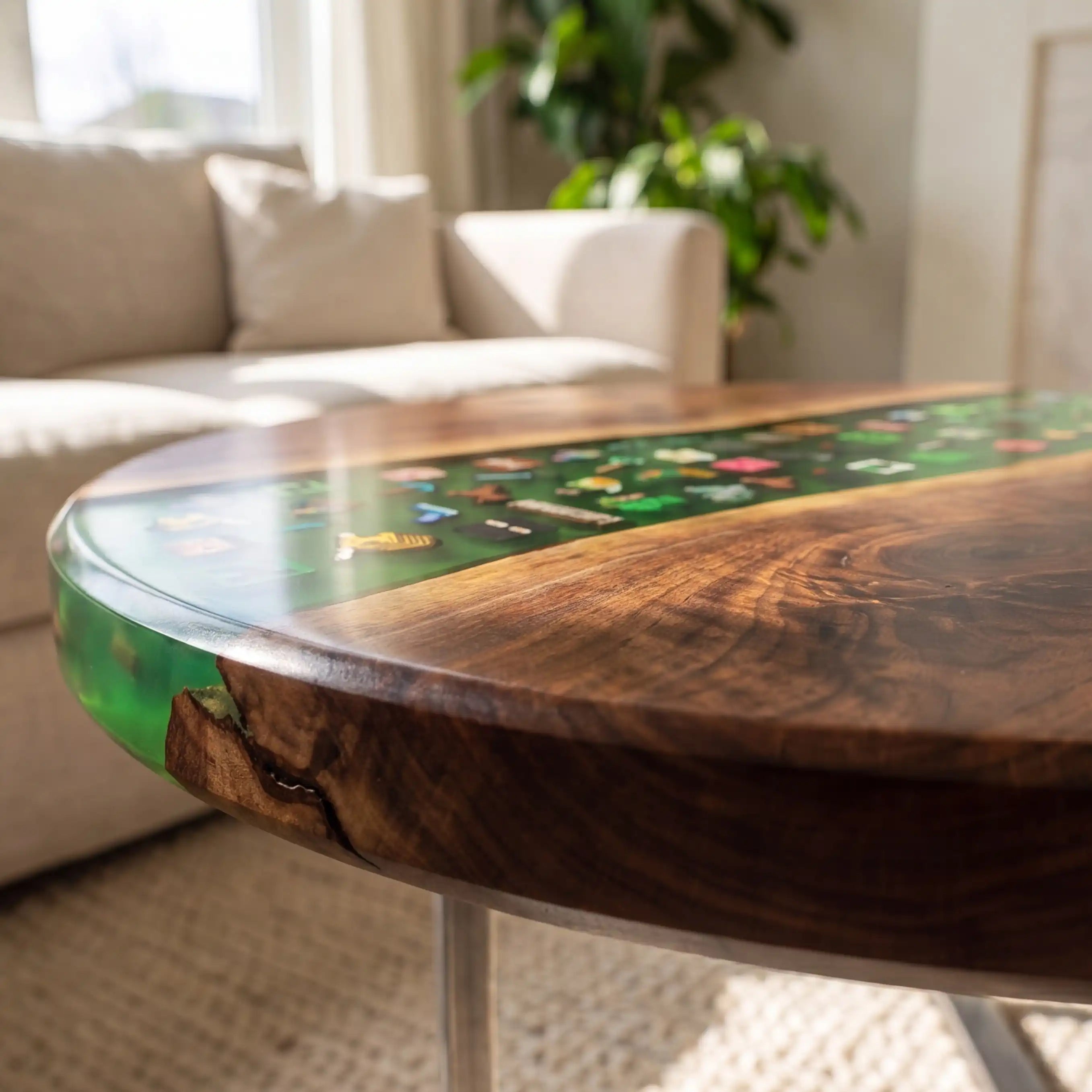 Black Walnut & Green Pixel Art Resin Round Coffee Table BRT45