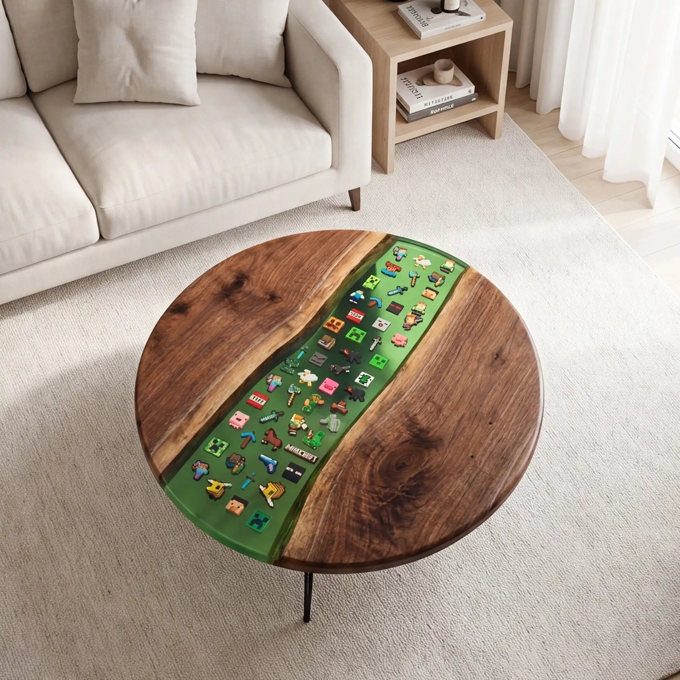 Black Walnut & Green Pixel Art Resin Round Coffee Table BRT45
