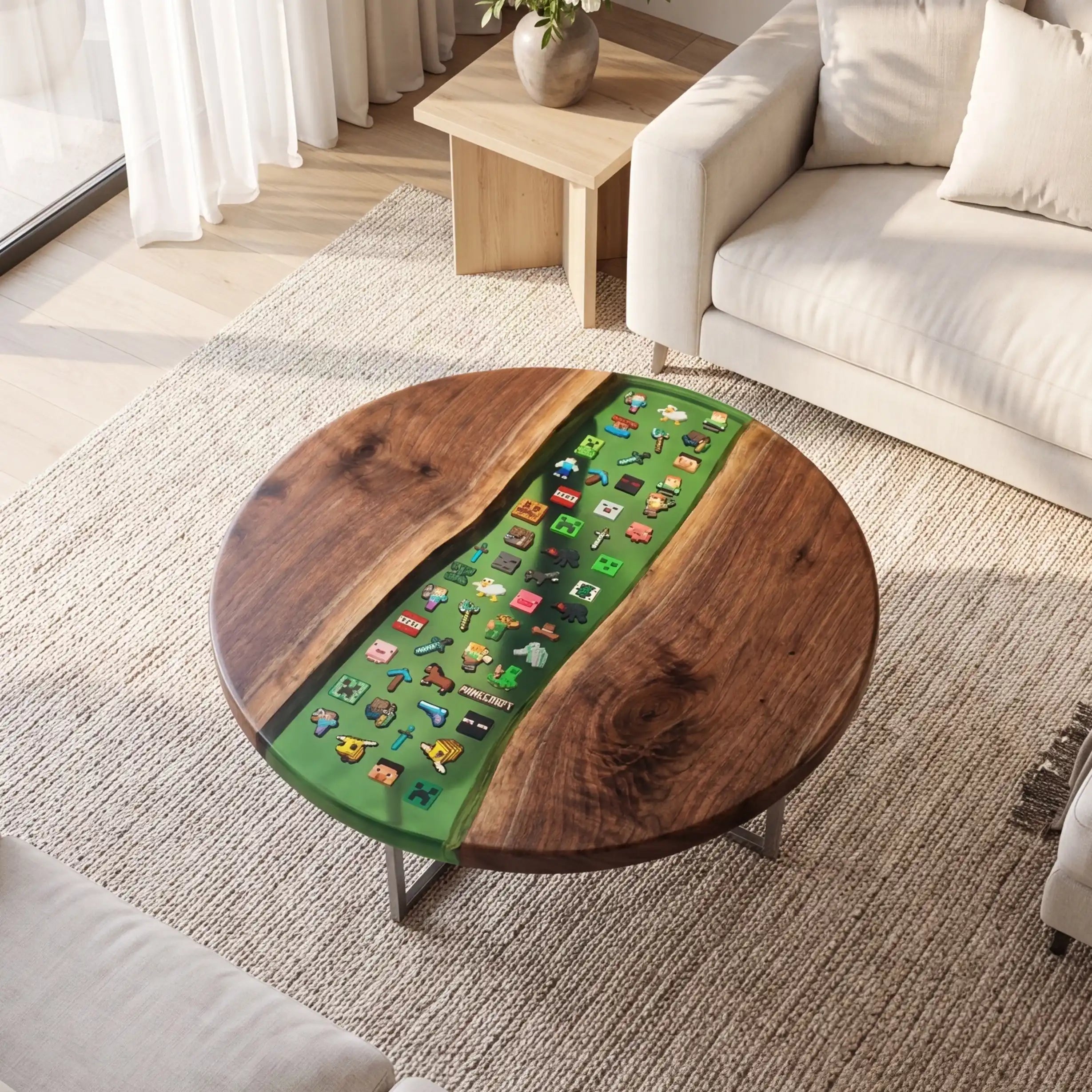 Black Walnut & Green Pixel Art Resin Round Coffee Table BRT45