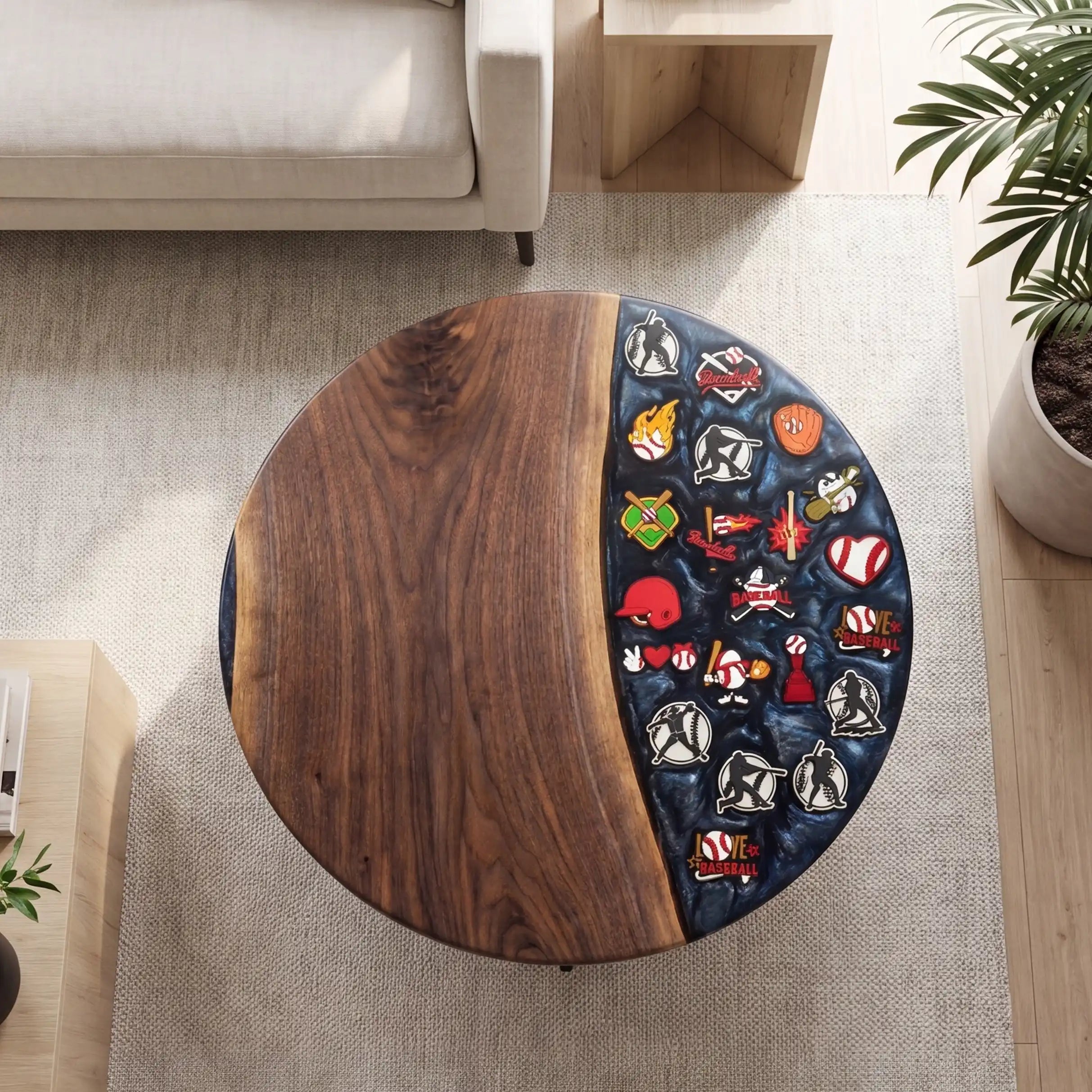 Black Walnut & Midnight Blue Baseball Resin Round Coffee Table BRT56