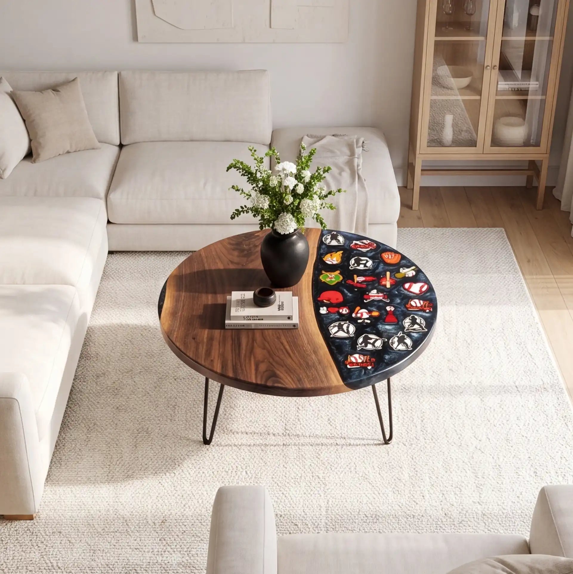 Black Walnut & Midnight Blue Baseball Resin Round Coffee Table BRT56