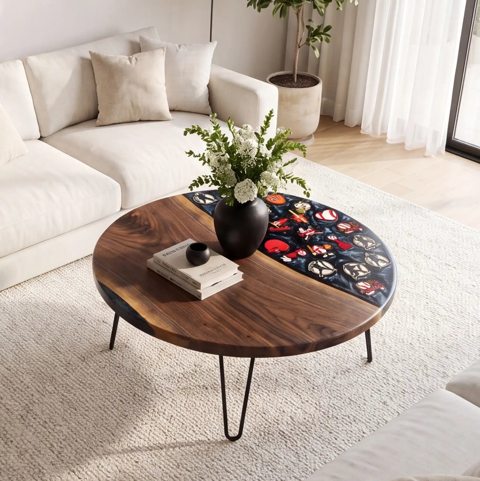 Black Walnut & Midnight Blue Baseball Resin Round Coffee Table BRT56