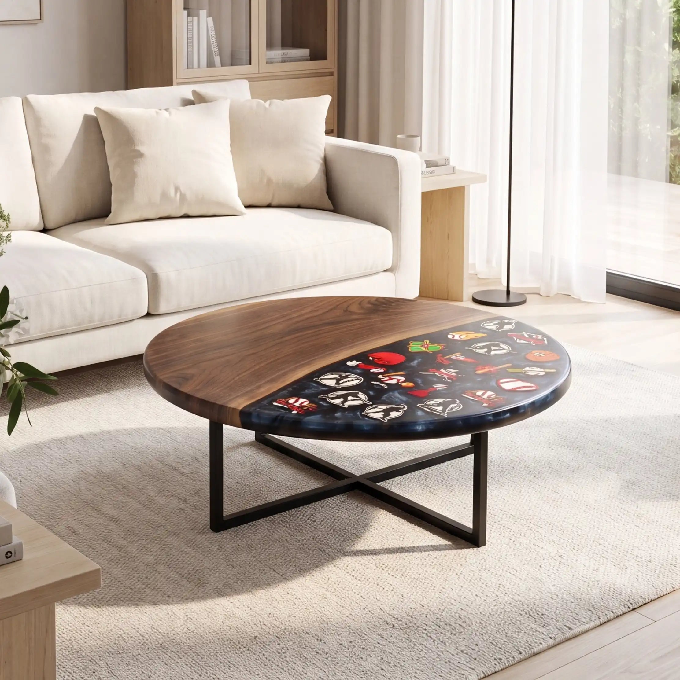 Black Walnut & Midnight Blue Baseball Resin Round Coffee Table BRT56