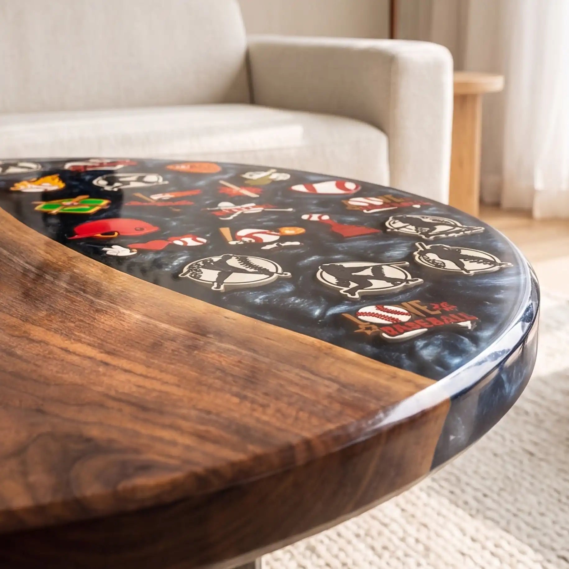 Black Walnut & Midnight Blue Baseball Resin Round Coffee Table BRT56
