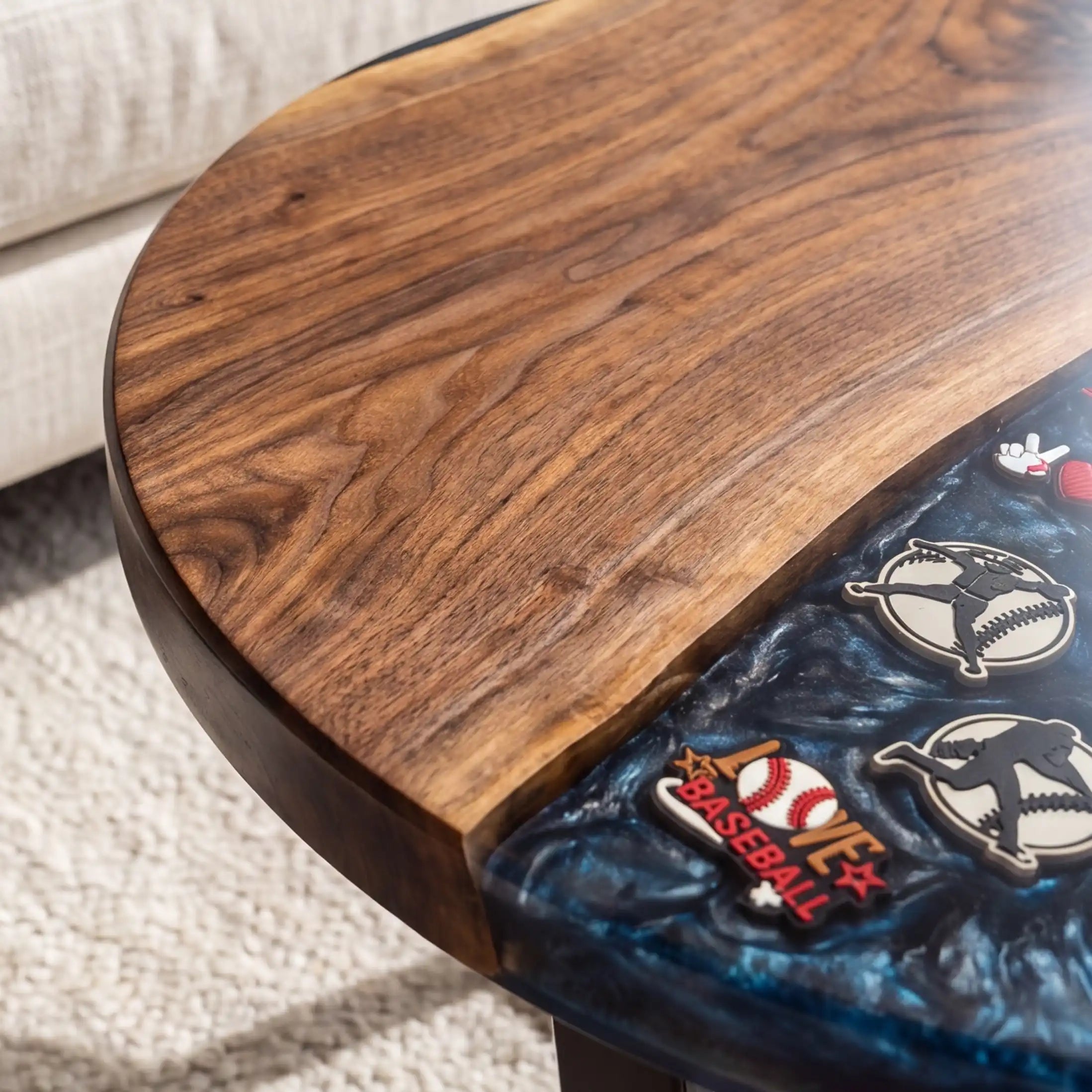 Black Walnut & Midnight Blue Baseball Resin Round Coffee Table BRT56