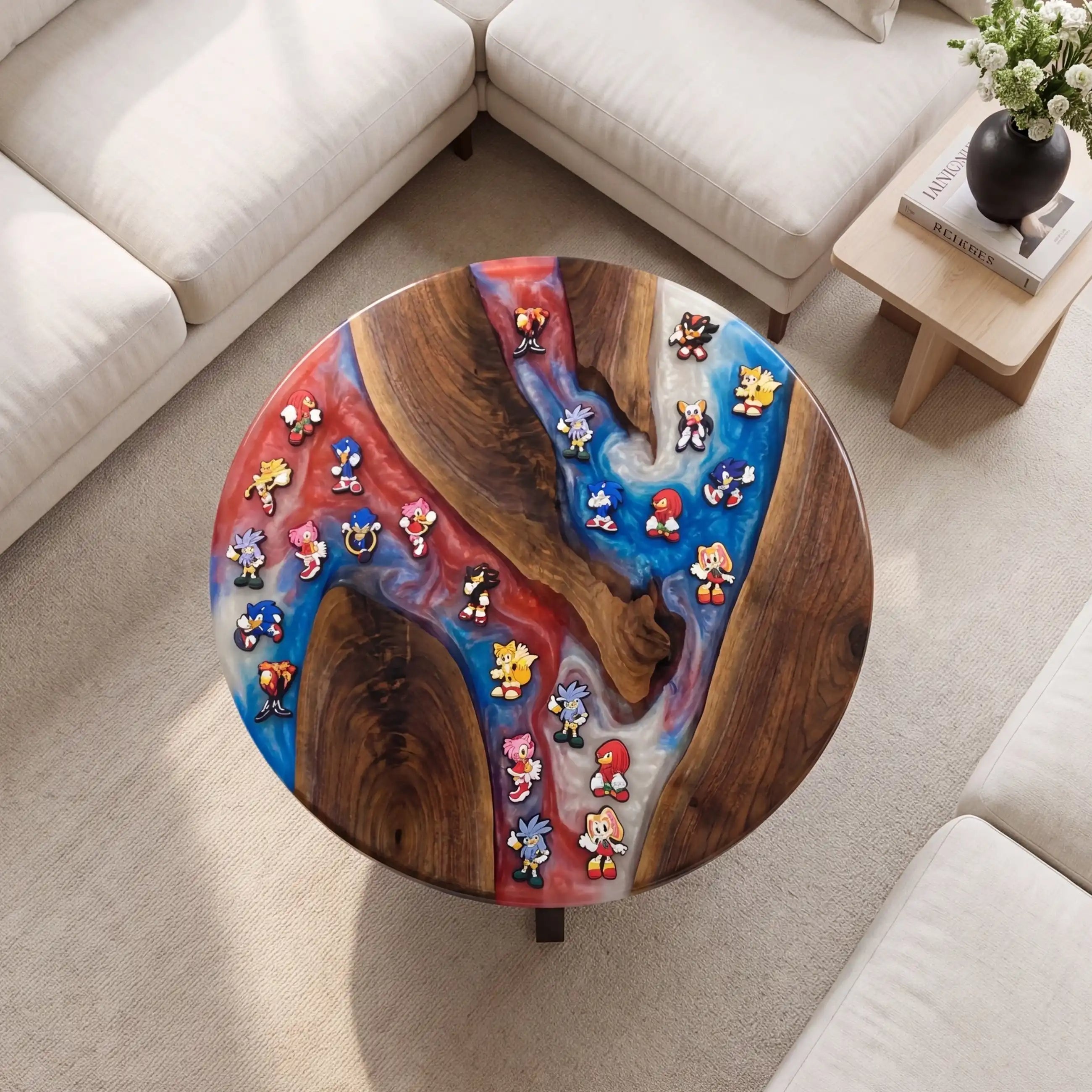 Black Walnut & Red-Blue Retro Gaming Resin Round Coffee Table BRT57