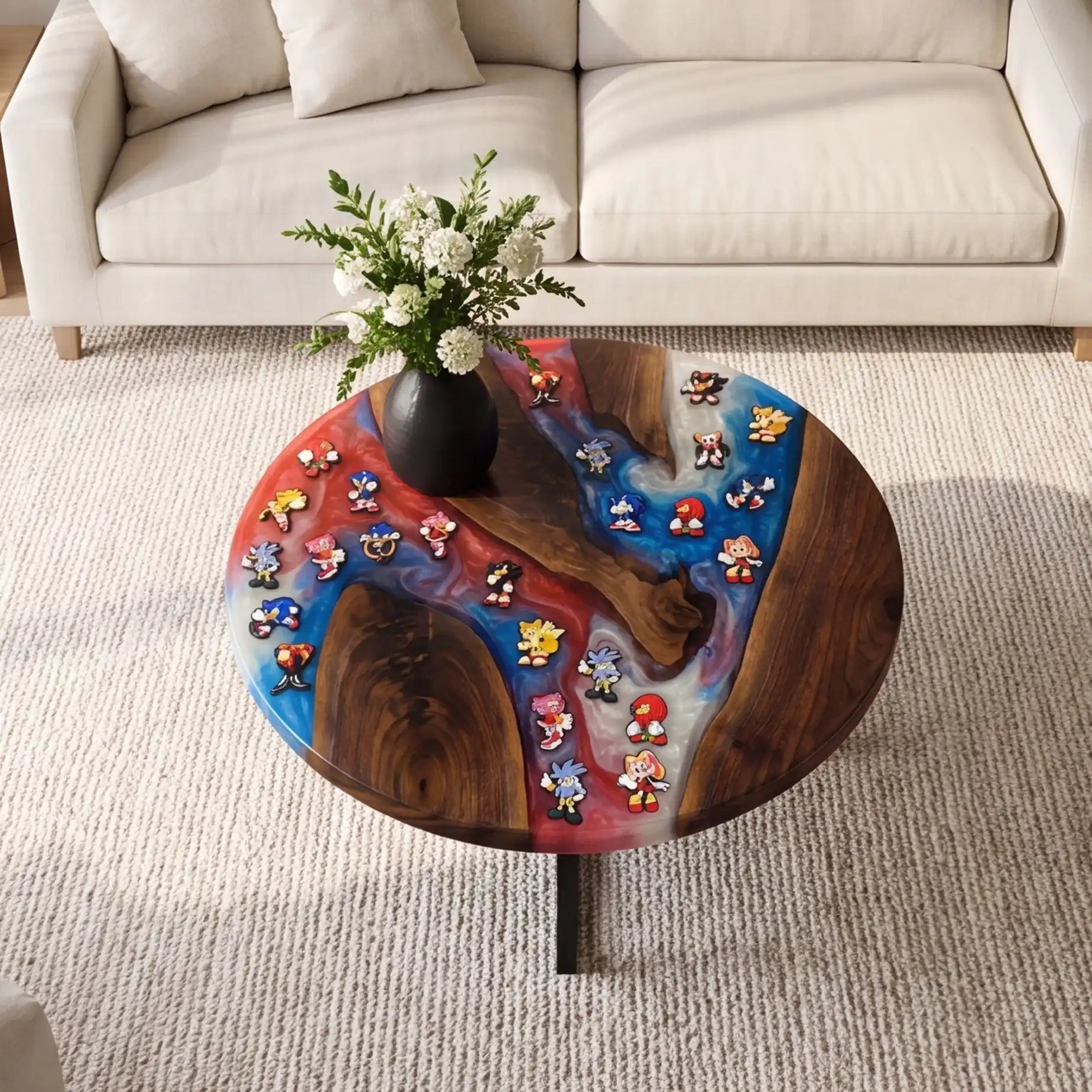 Black Walnut & Red-Blue Retro Gaming Resin Round Coffee Table BRT57