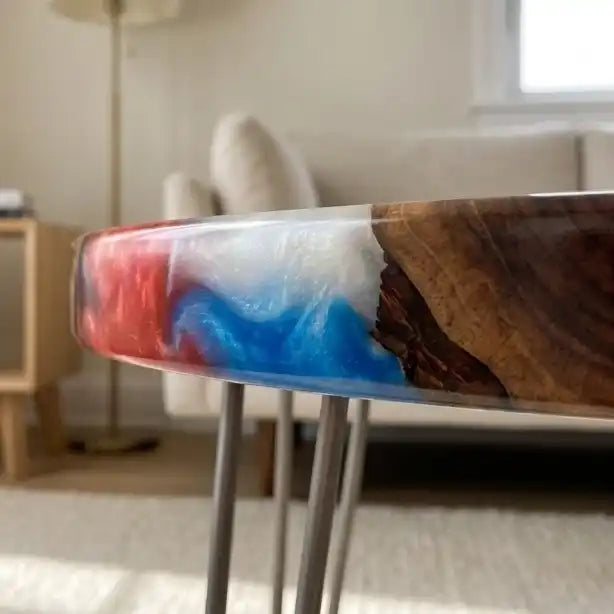 Black Walnut & Red-Blue Retro Gaming Resin Round Coffee Table BRT57
