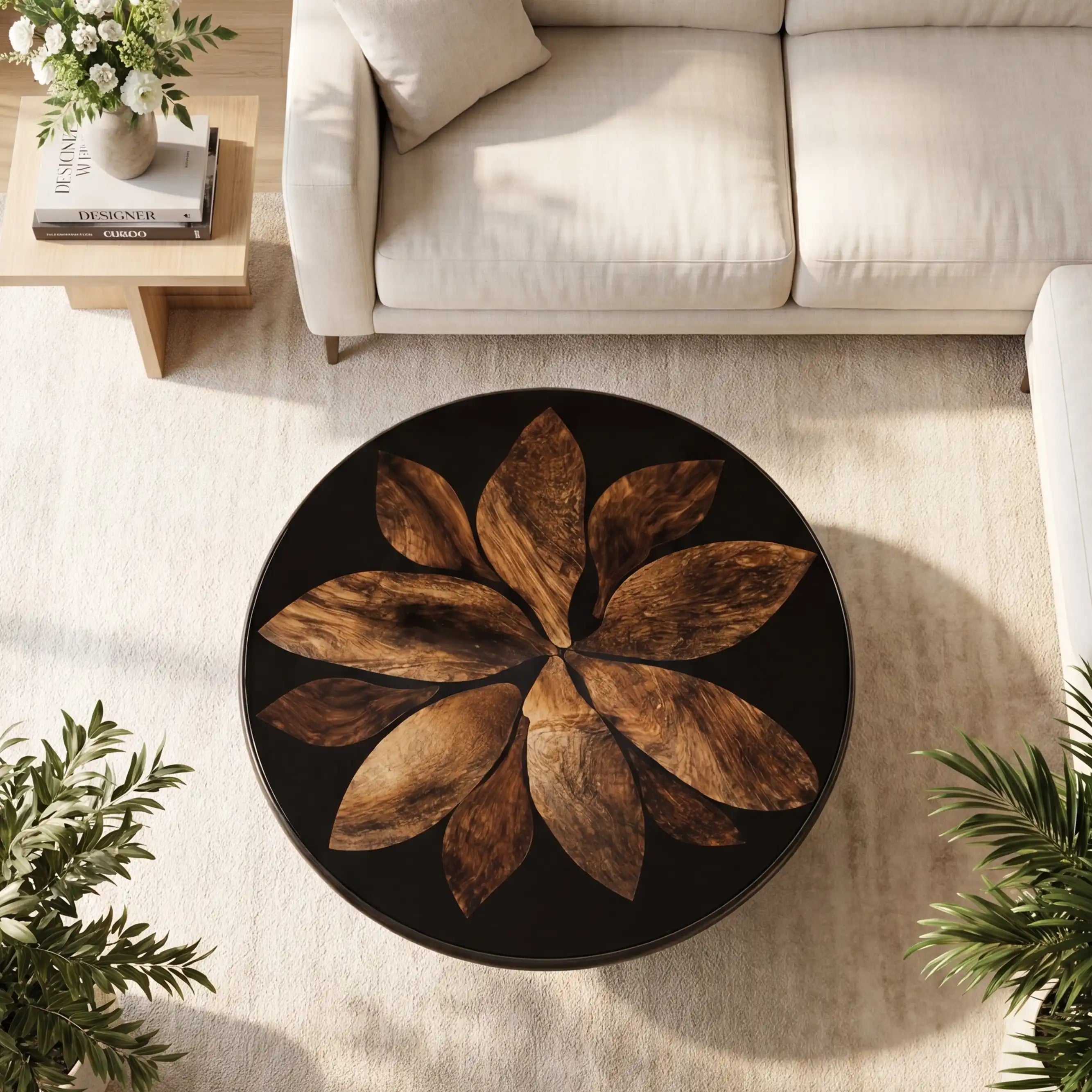 Botanical Walnut & Opaque Black Resin Round Coffee Table WRT27