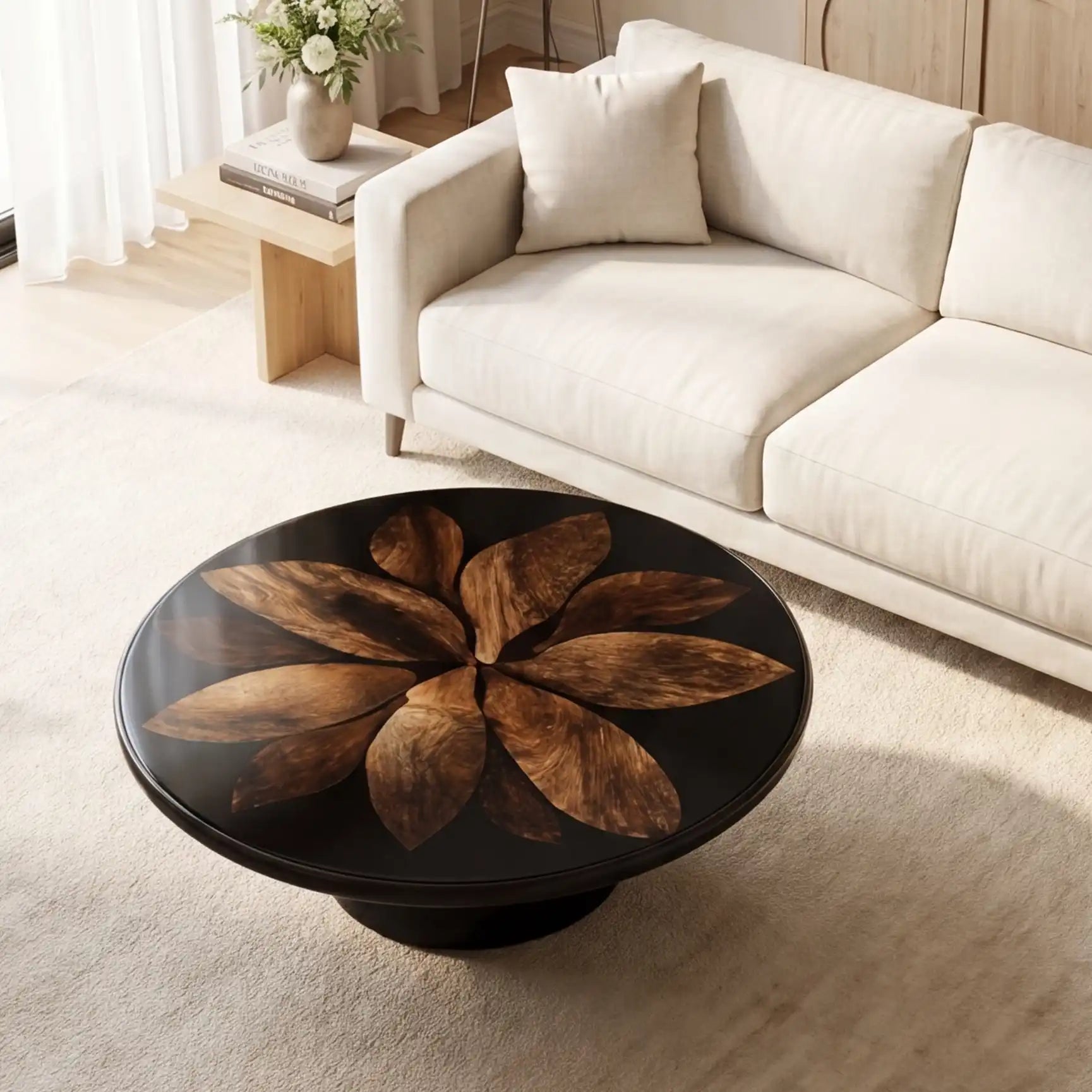 Botanical Walnut & Opaque Black Resin Round Coffee Table WRT27