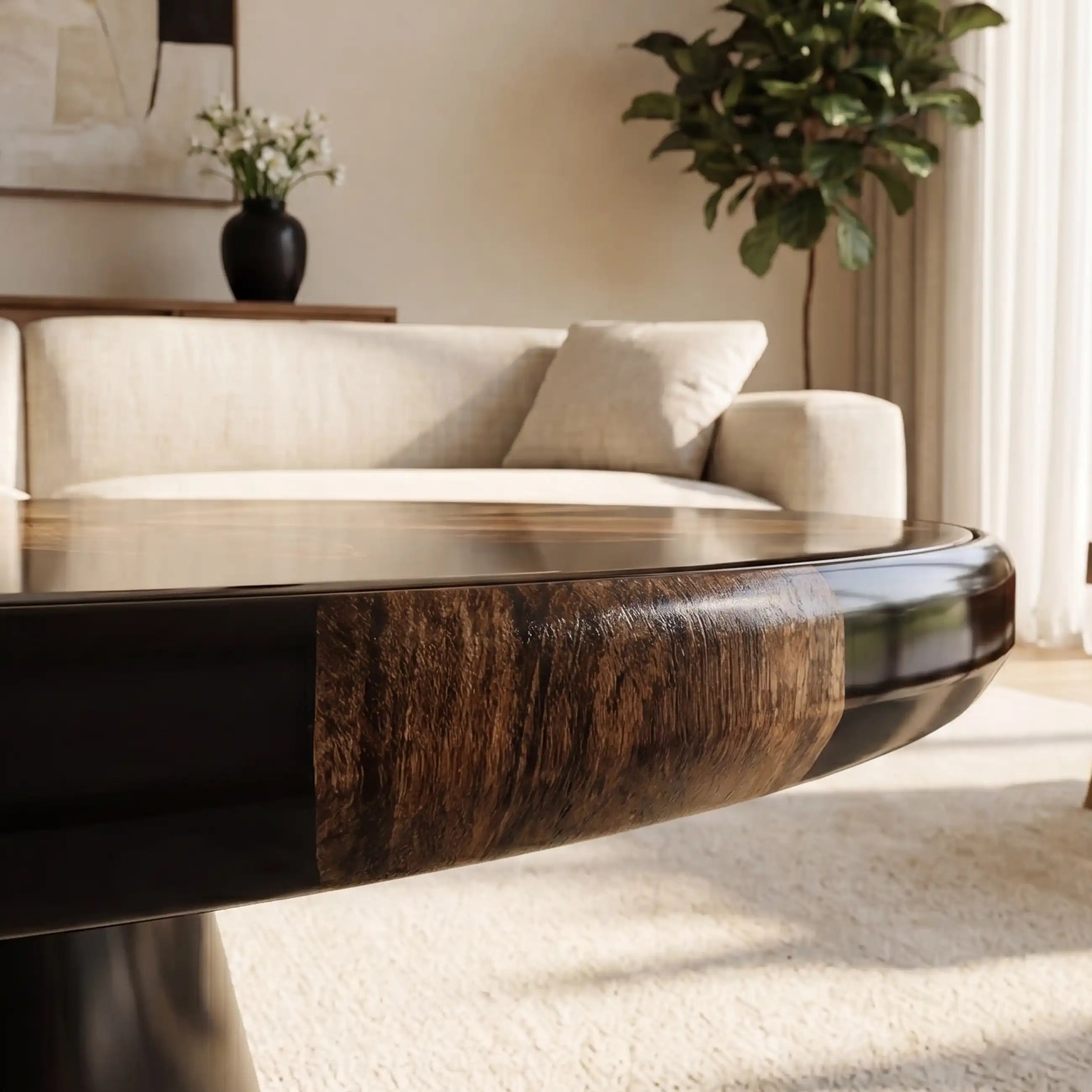 Botanical Walnut & Opaque Black Resin Round Coffee Table WRT27
