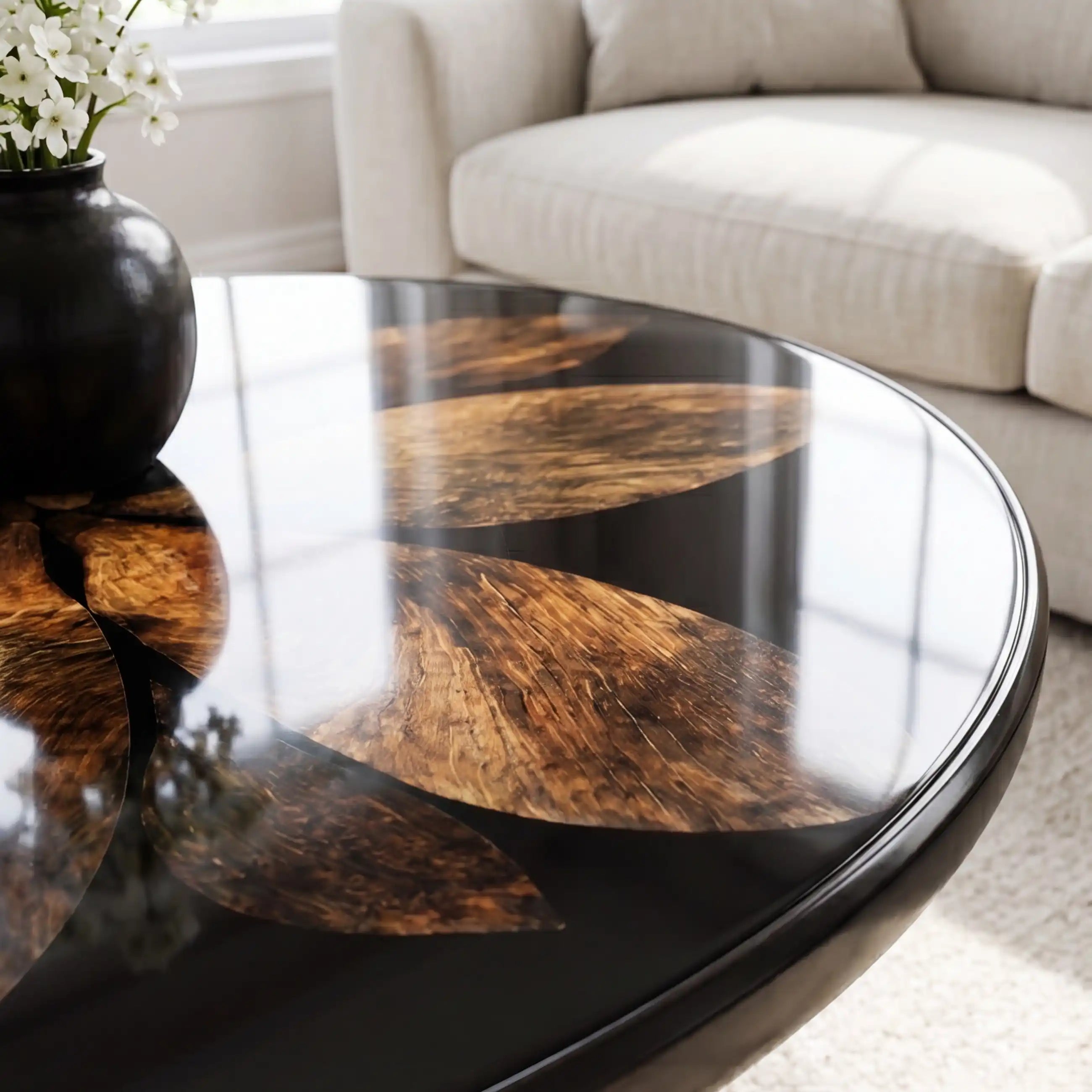 Botanical Walnut & Opaque Black Resin Round Coffee Table WRT27