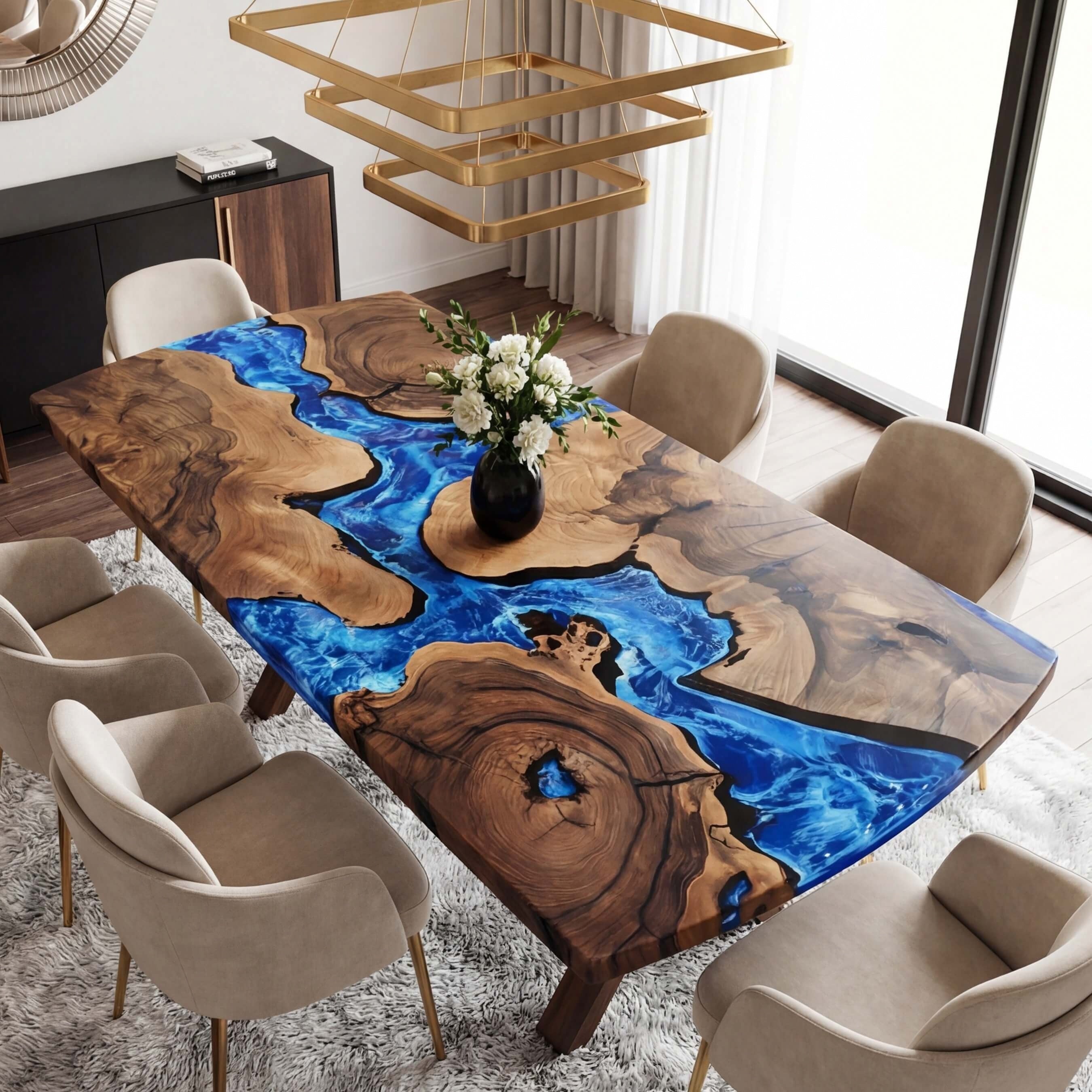 Custom Black Walnut Epoxy Resin River Table Blue Waves XPT-27