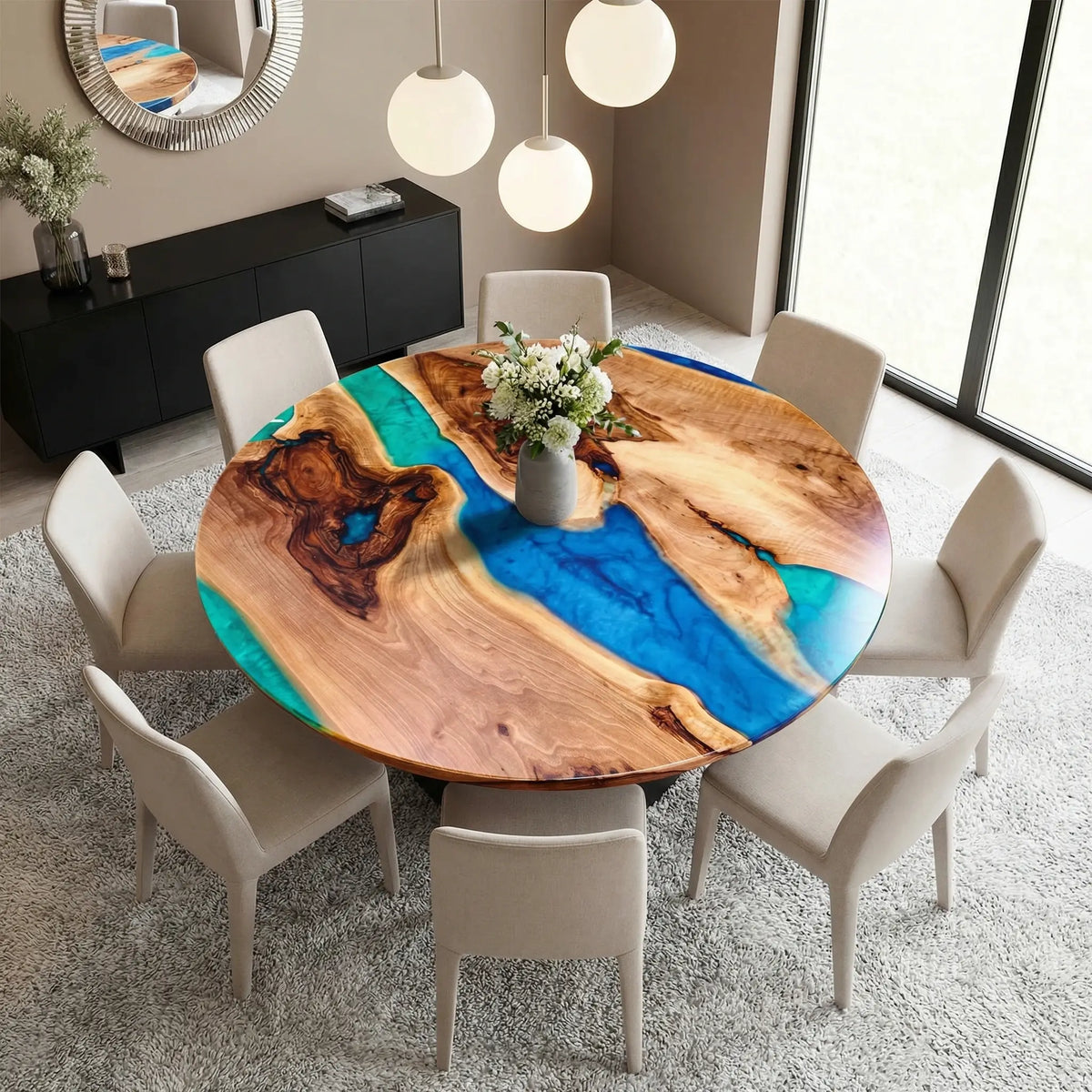 Custom Black Walnut Epoxy Resin Round Coffee Table Blue Green Waves OR