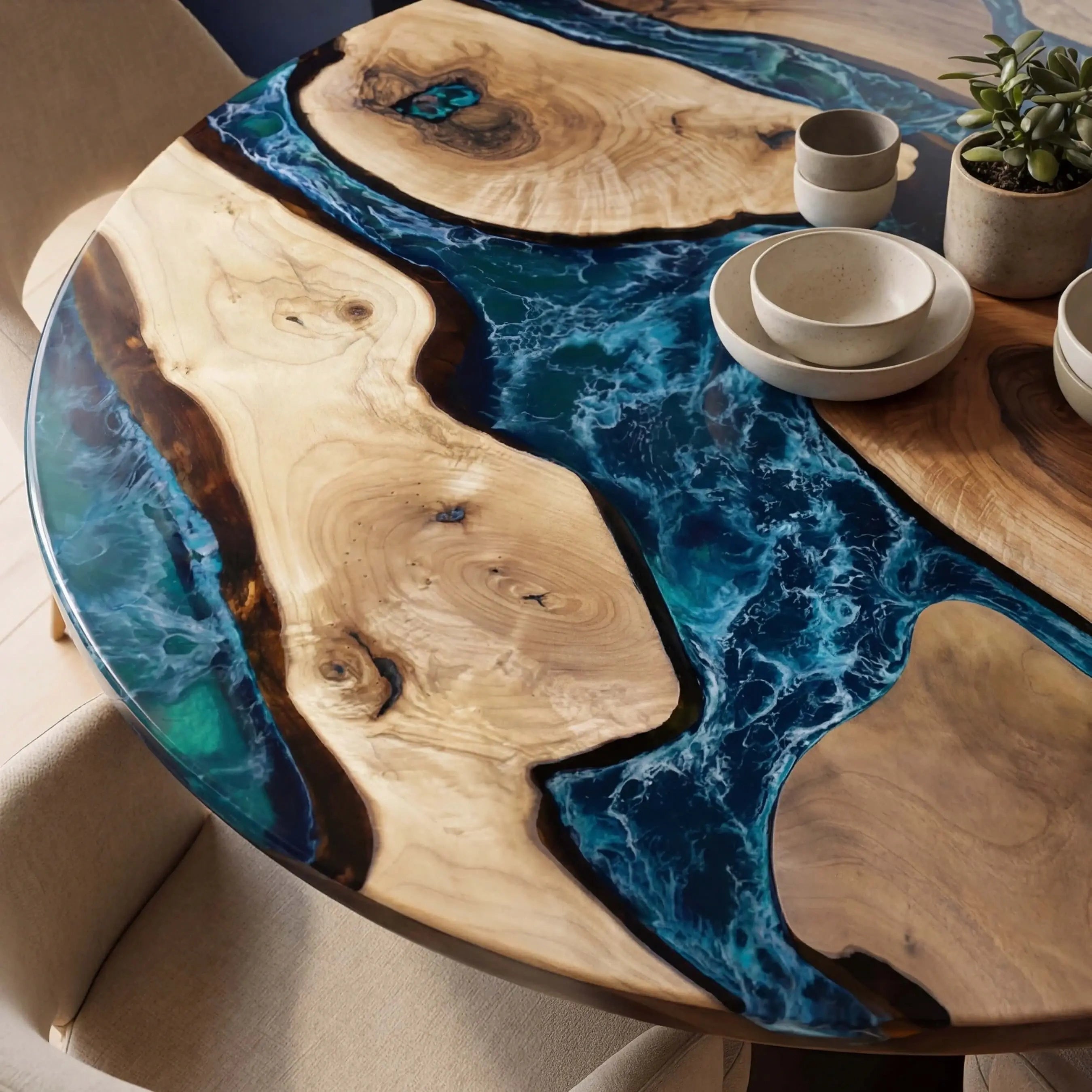 Custom Black Walnut Epoxy Resin Round Coffee Table Blue Resin ORT-99