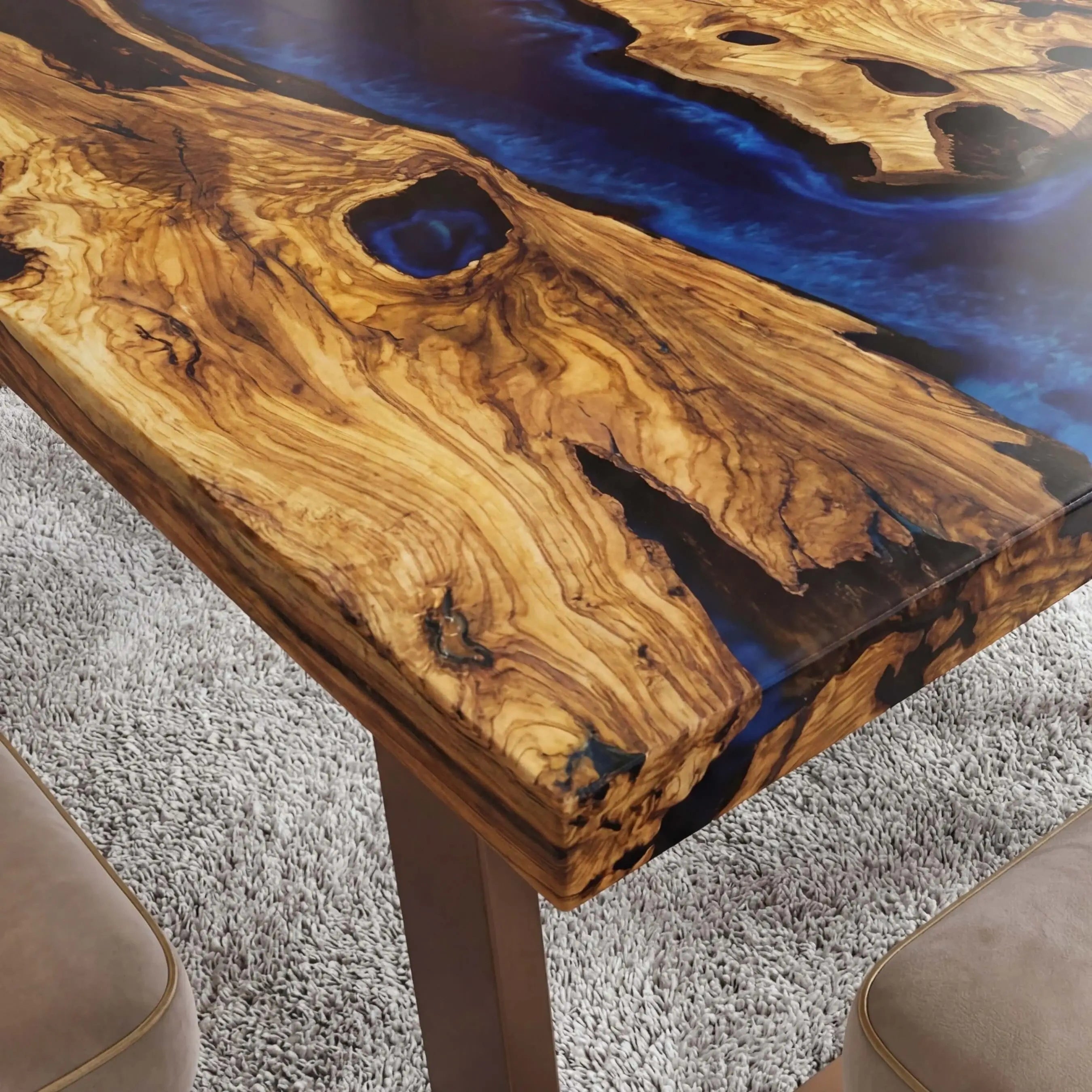Custom Olive Epoxy Resin River Table Blue Waves ERT-33