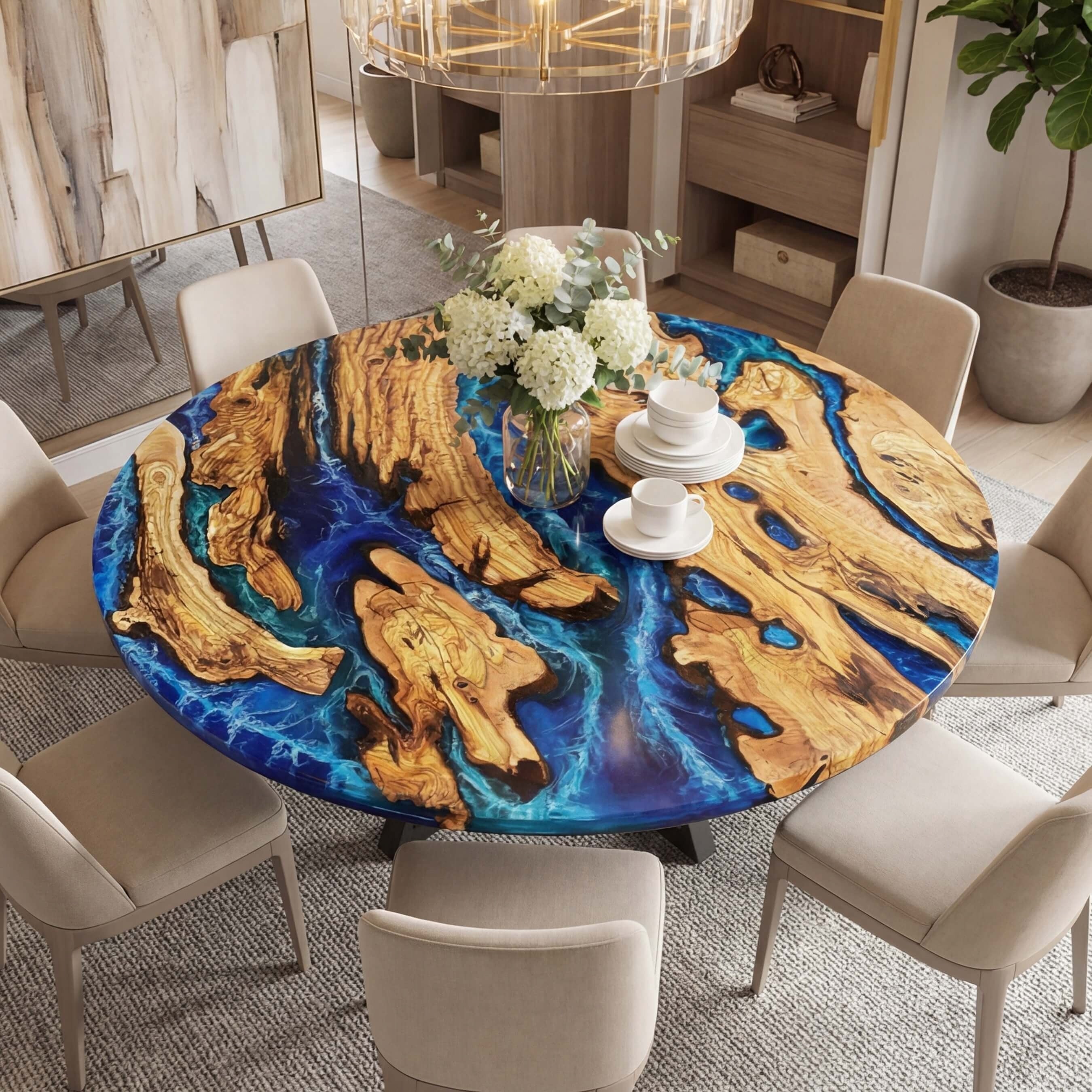Custom Olive Epoxy Resin Round Coffee Table Blue Resin ORT-71