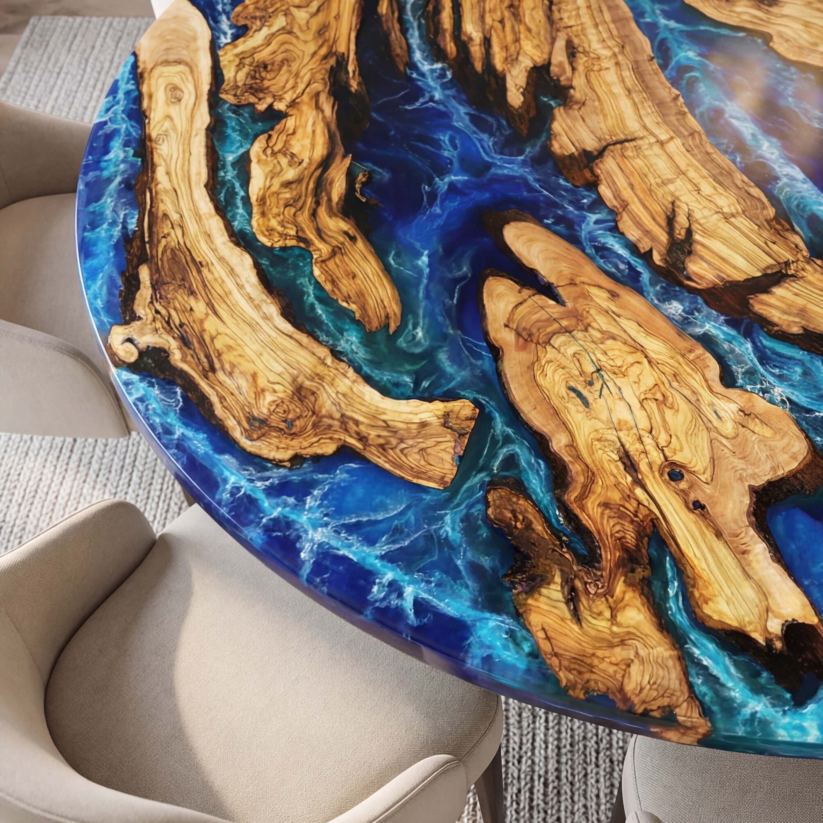 Custom Olive Epoxy Resin Round Coffee Table Blue Resin ORT-71
