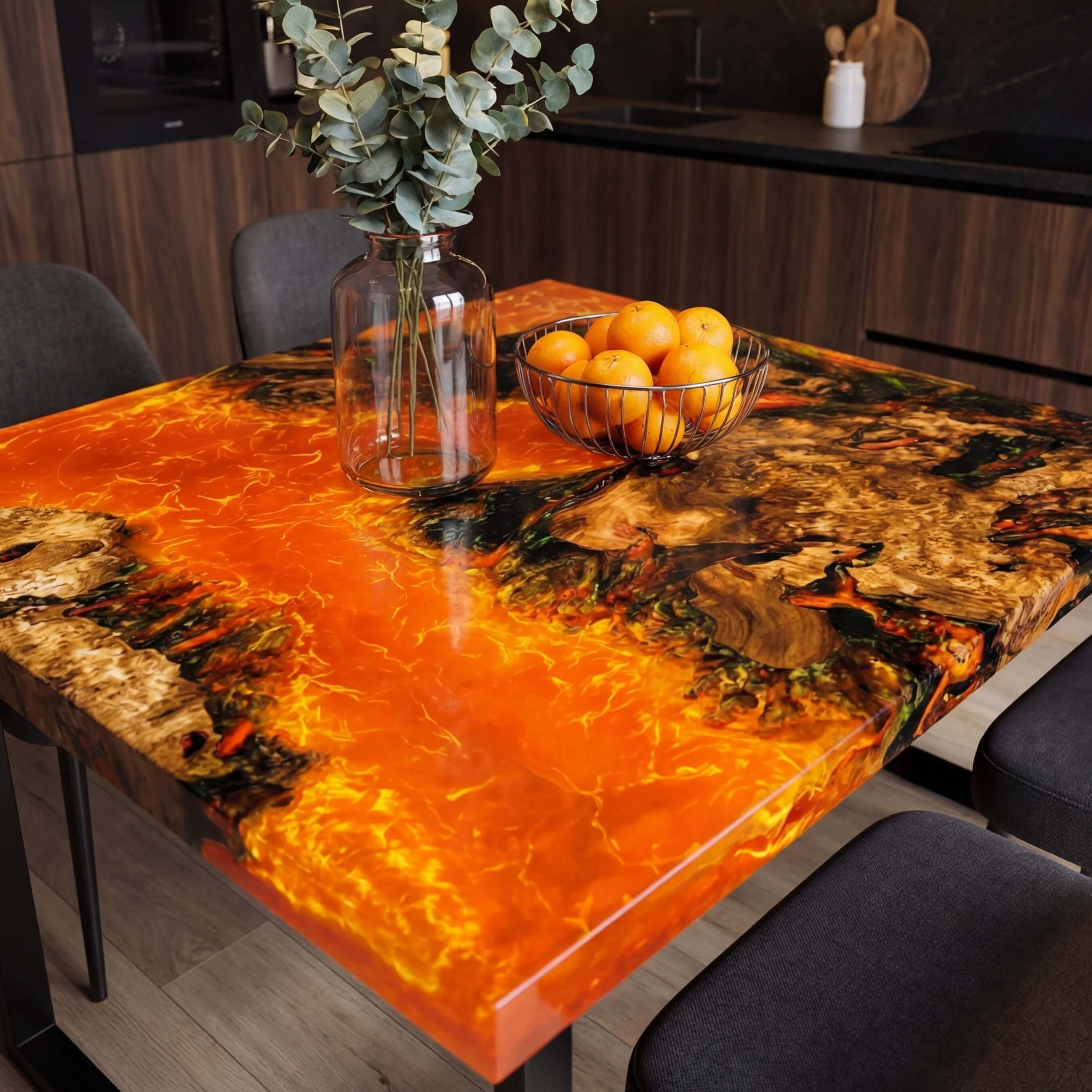 Custom Olive Wood Epoxy Resin River Table Lava Orange RVT-61