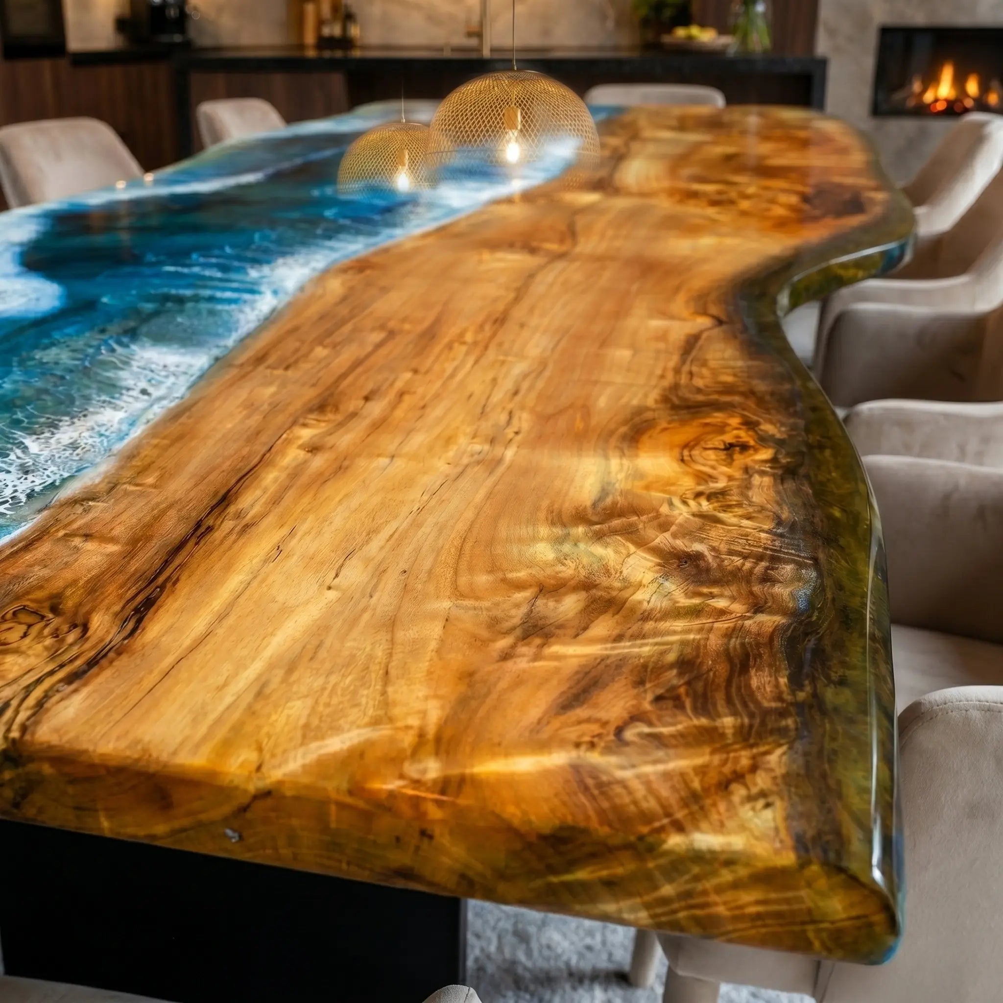 Custom Poplar Epoxy Resin River Table Blue Waves JKT-38