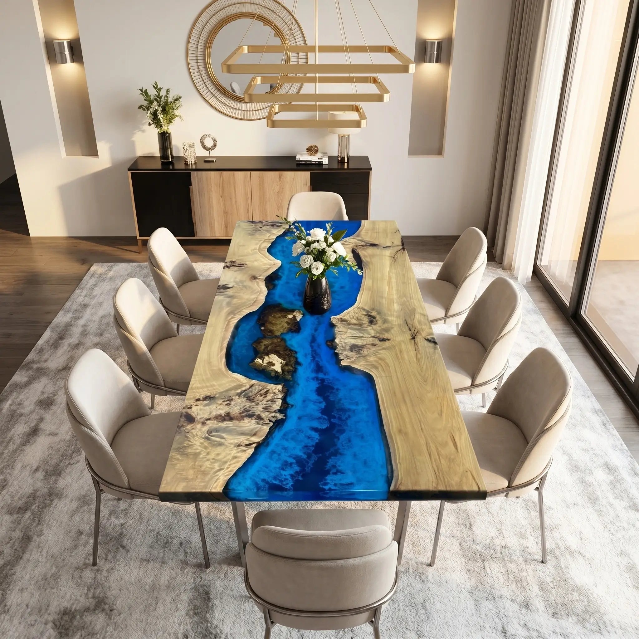 Custom Poplar Epoxy Resin River Table Blue Waves ORT-56