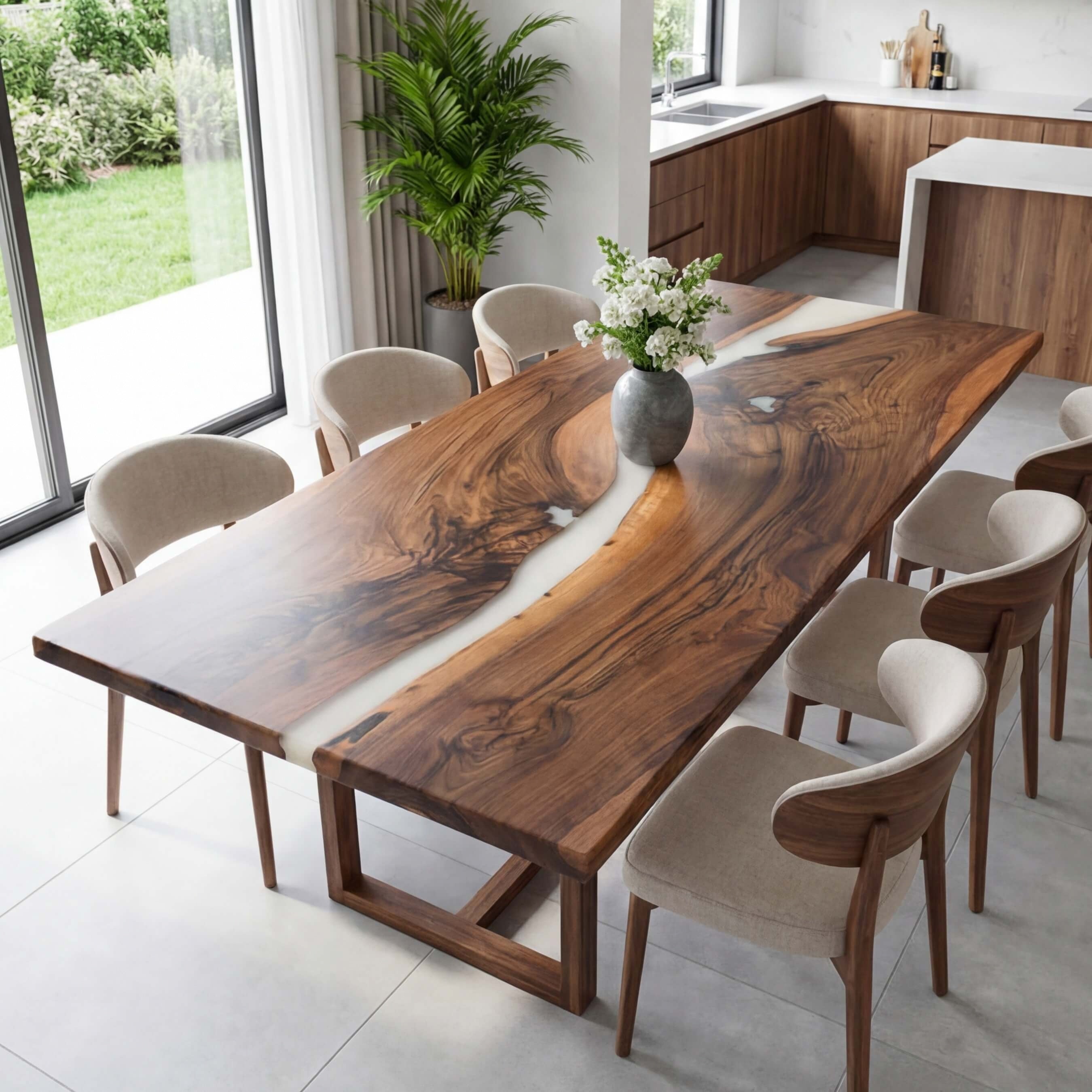 Custom Walnut Epoxy Resin River Table White Resin RQT-57