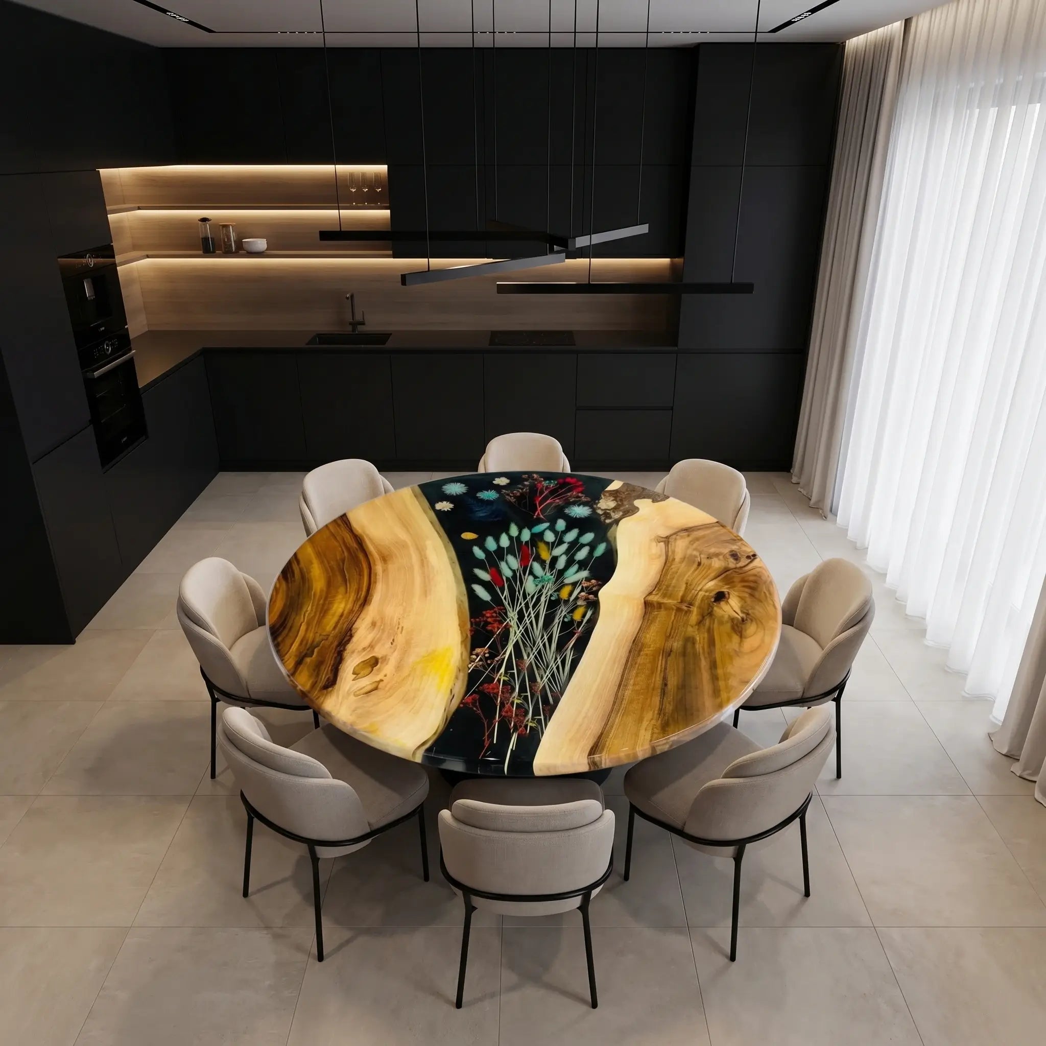 Custom-Walnut-Epoxy-Resin-Round-Flower-Coffee-Table-Black-Resin-WRT-33-20