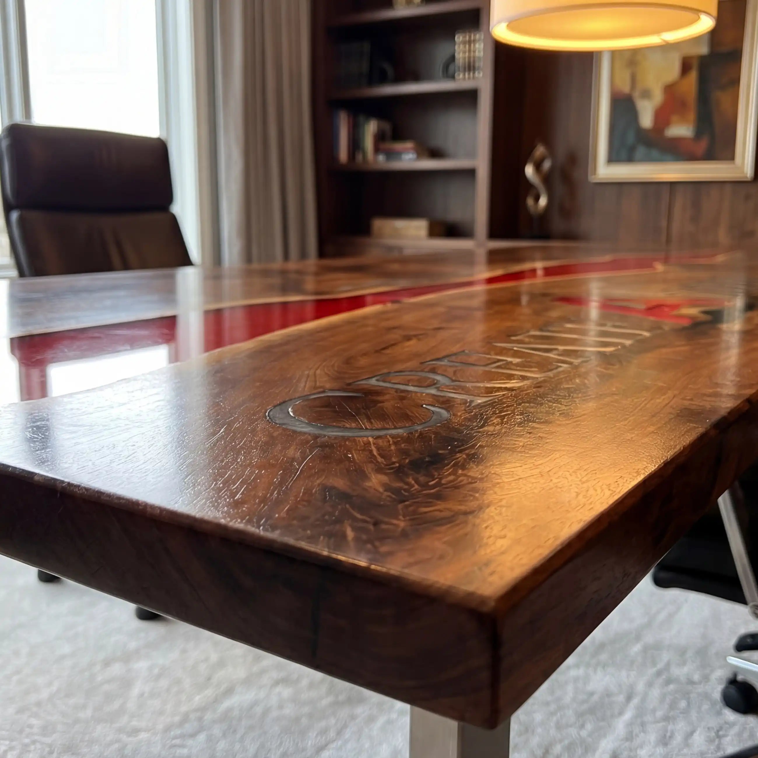 Custom Black Walnut and Crimson Red Resin “Executive Signature” Series Desk (With Multi-Color Resin Inlay Logo) RD-46