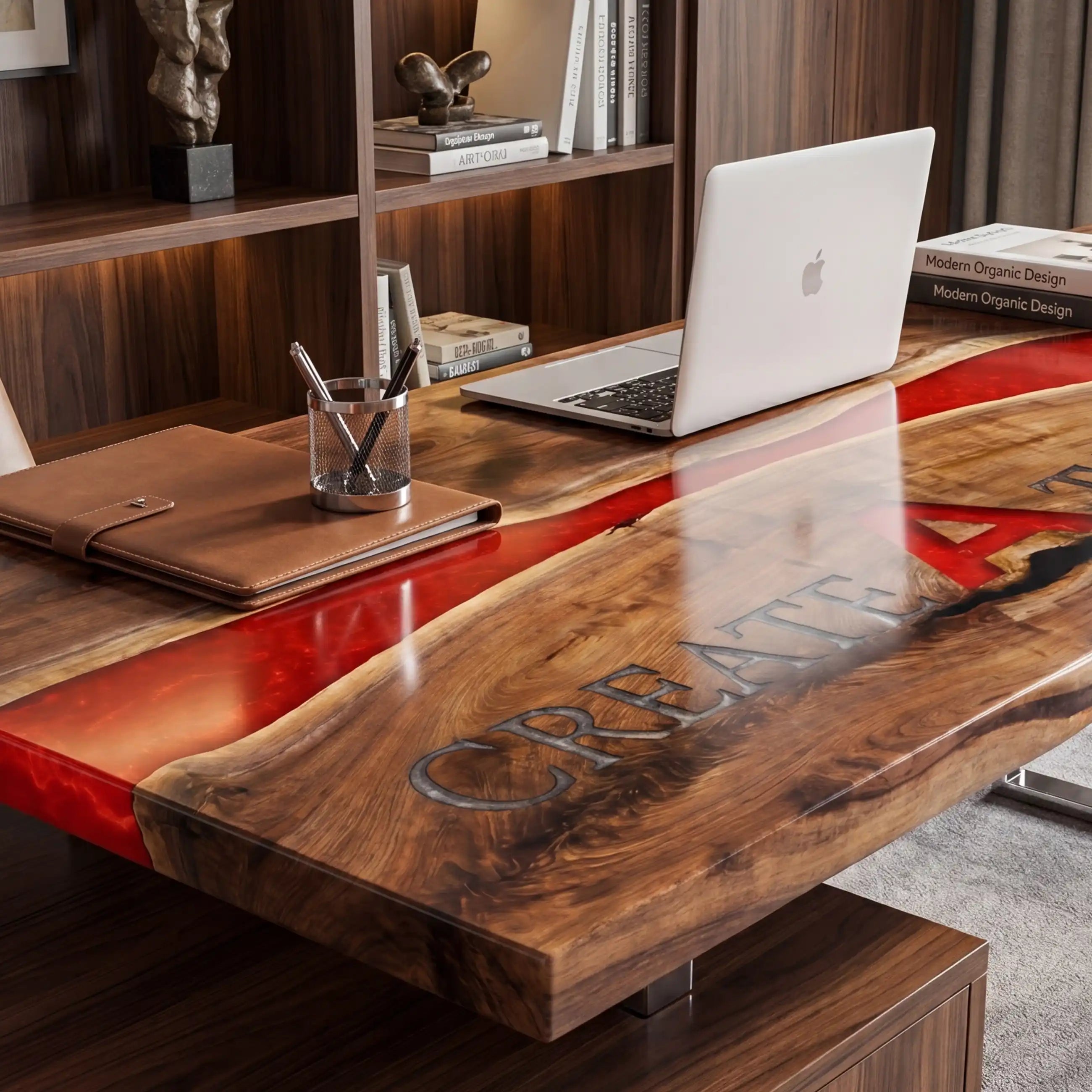 Custom Black Walnut and Crimson Red Resin “Executive Signature” Series Desk (With Multi-Color Resin Inlay Logo) RD-46