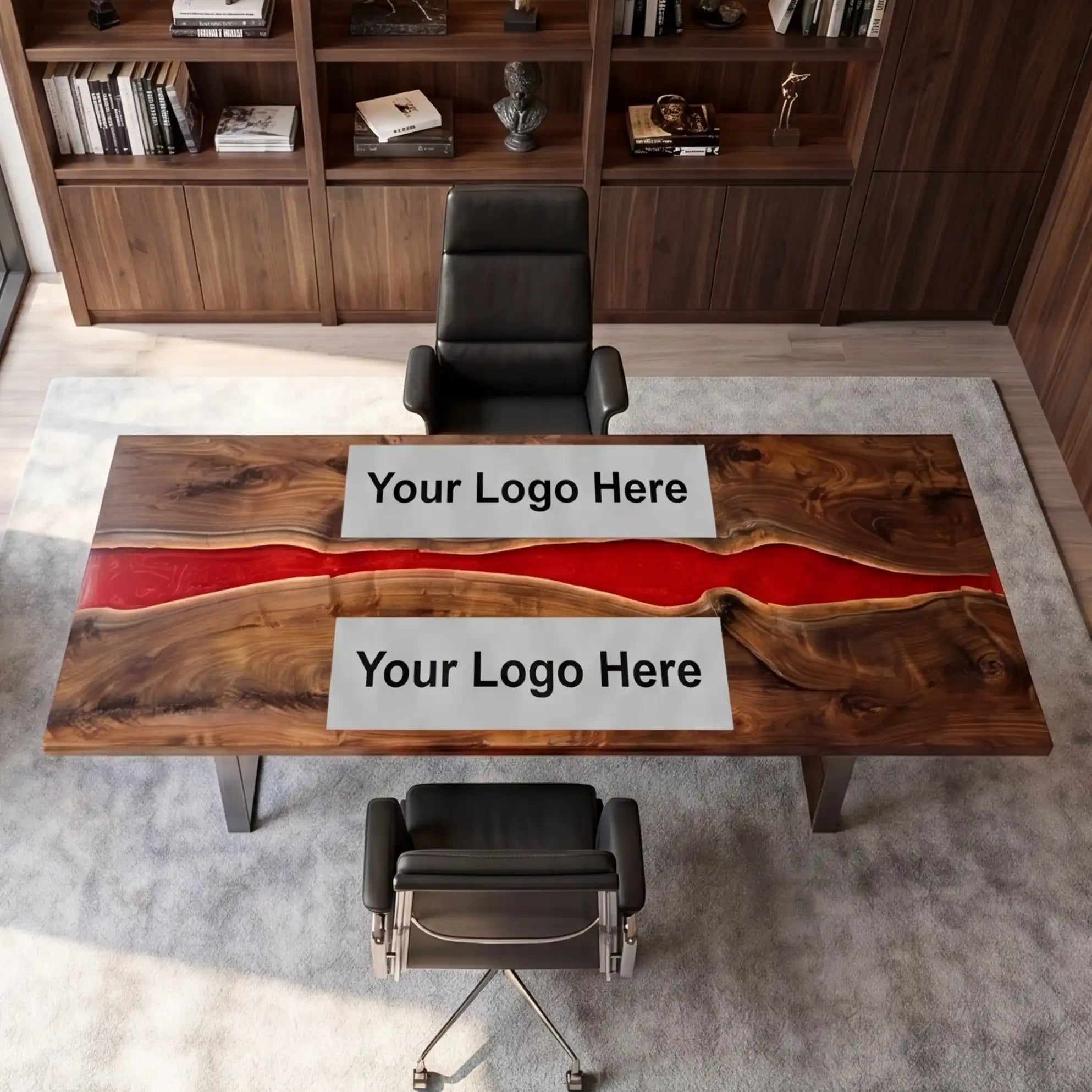 Custom Black Walnut and Crimson Red Resin “Executive Signature” Series Desk (With Multi-Color Resin Inlay Logo) RD-46