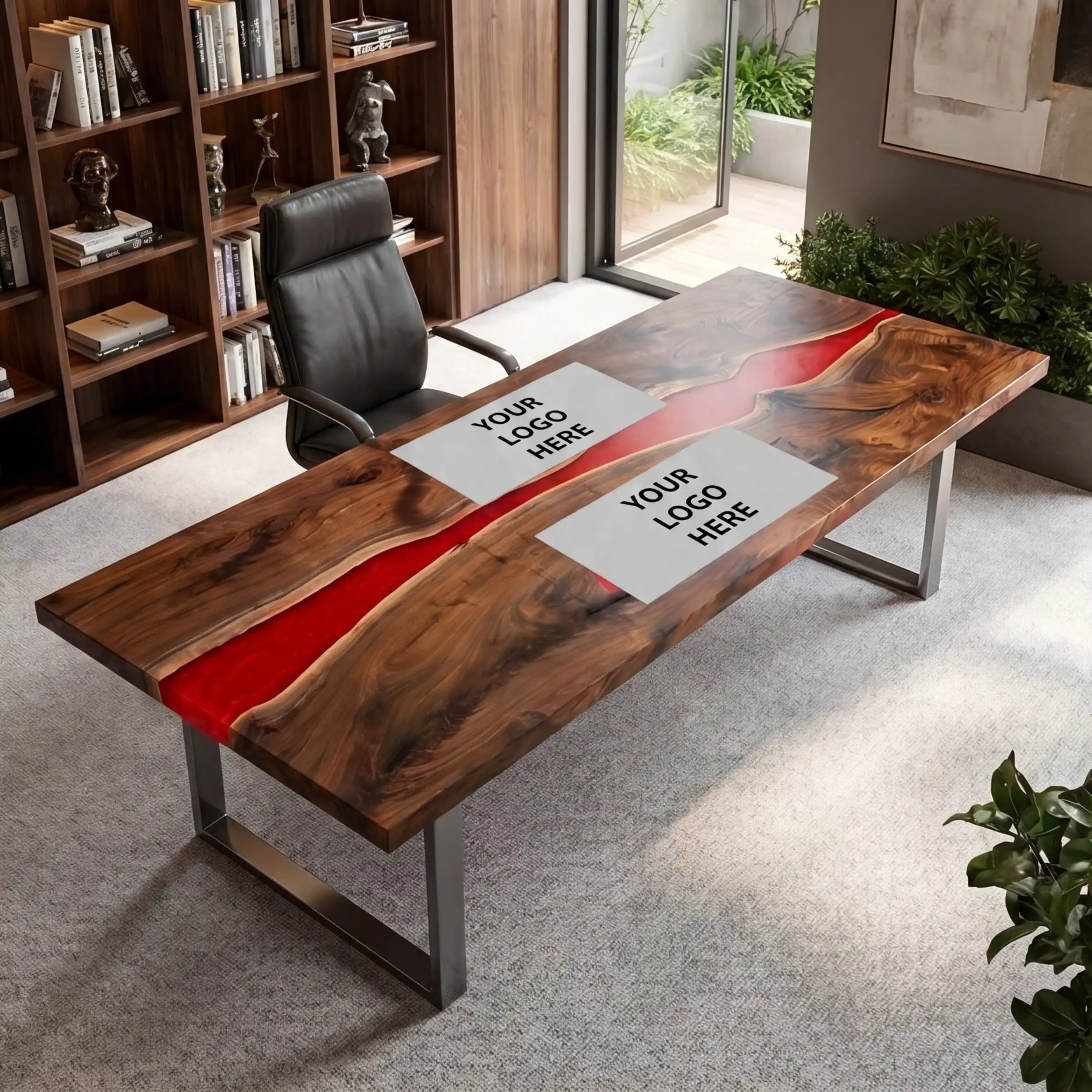 Custom Black Walnut and Crimson Red Resin “Executive Signature” Series Desk (With Multi-Color Resin Inlay Logo) RD-46