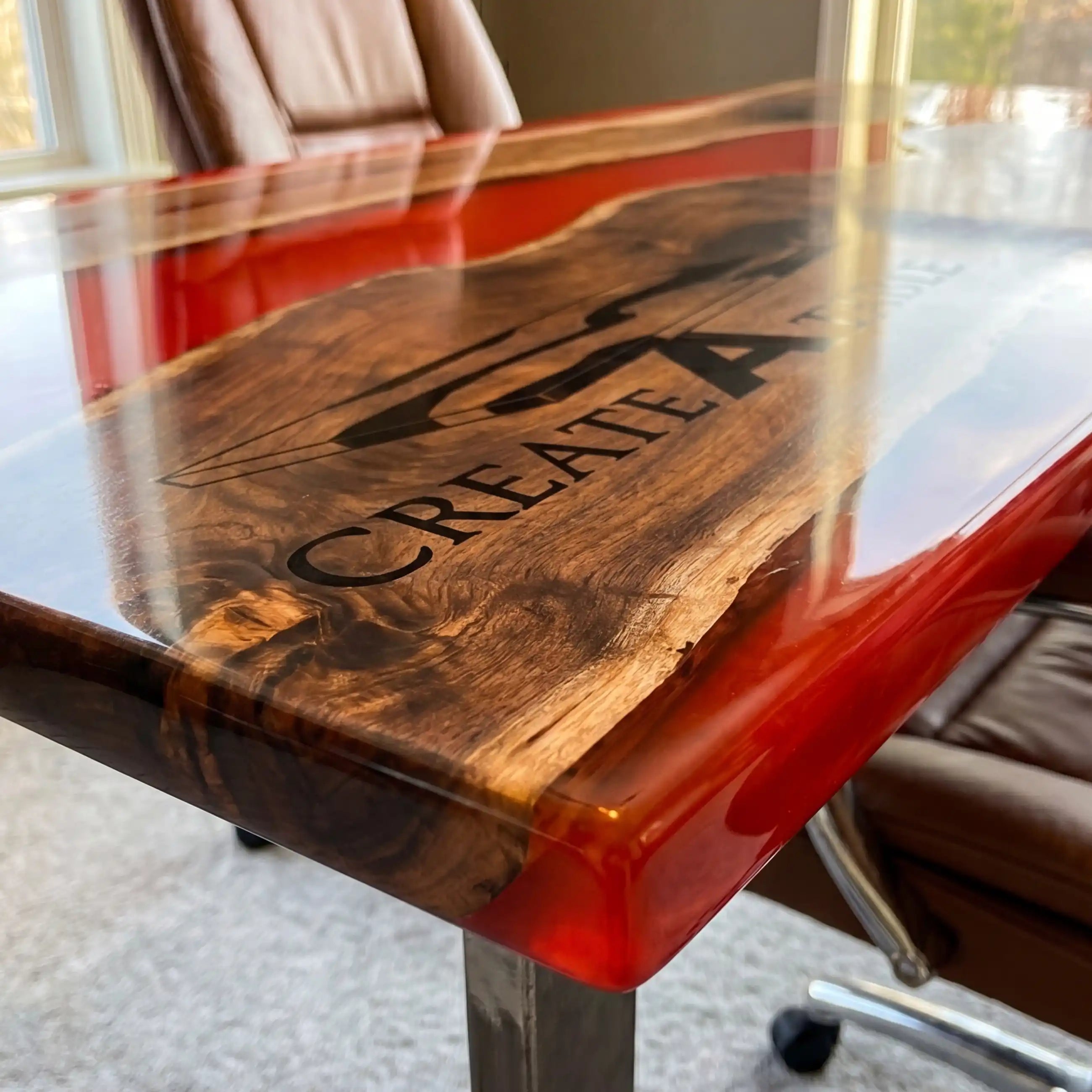 Custom Black Walnut and Crimson Resin “Executive Signature” Series Desk (With Black Resin Inlay Logo) RD-51
