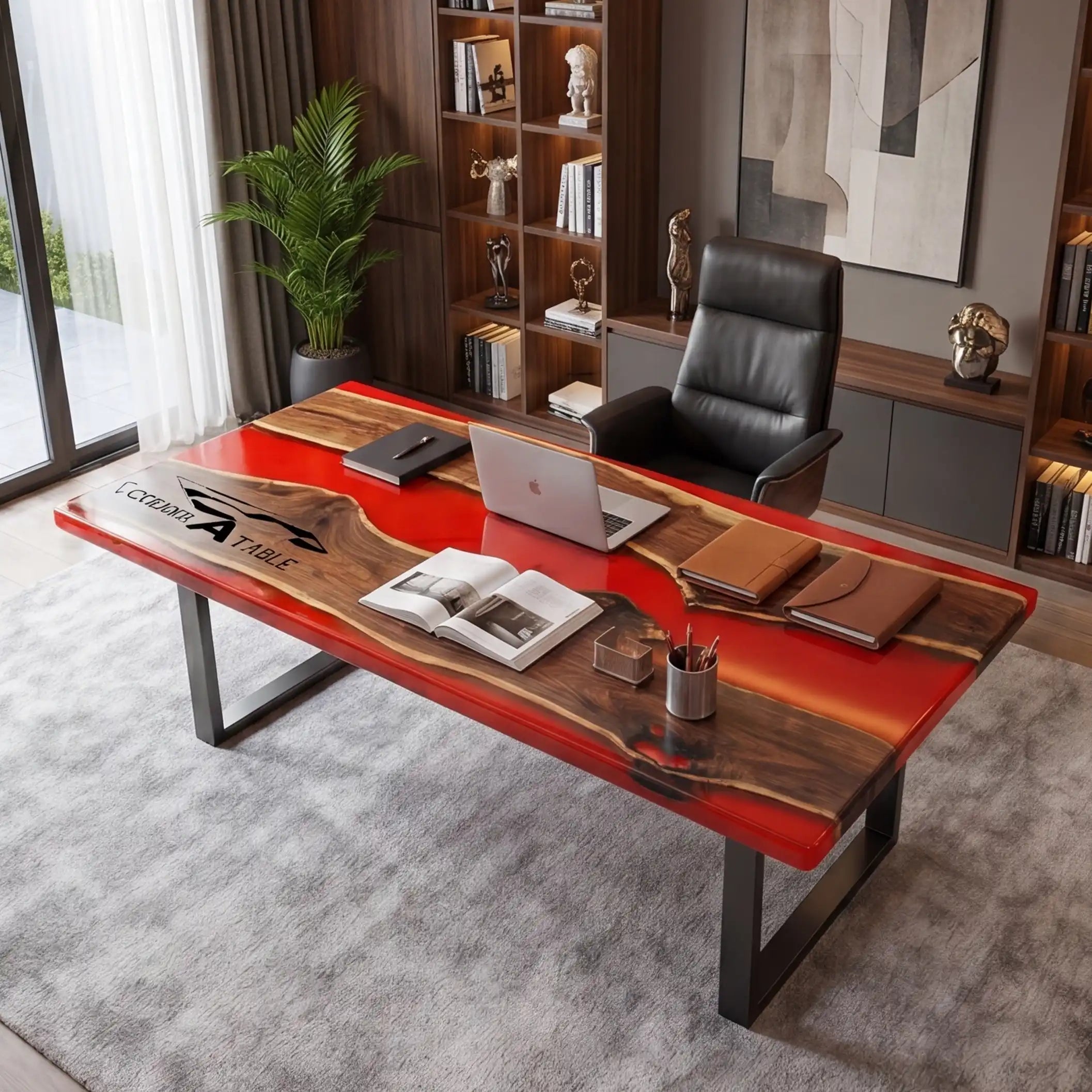 Custom Black Walnut and Crimson Resin “Executive Signature” Series Desk (With Black Resin Inlay Logo) RD-51