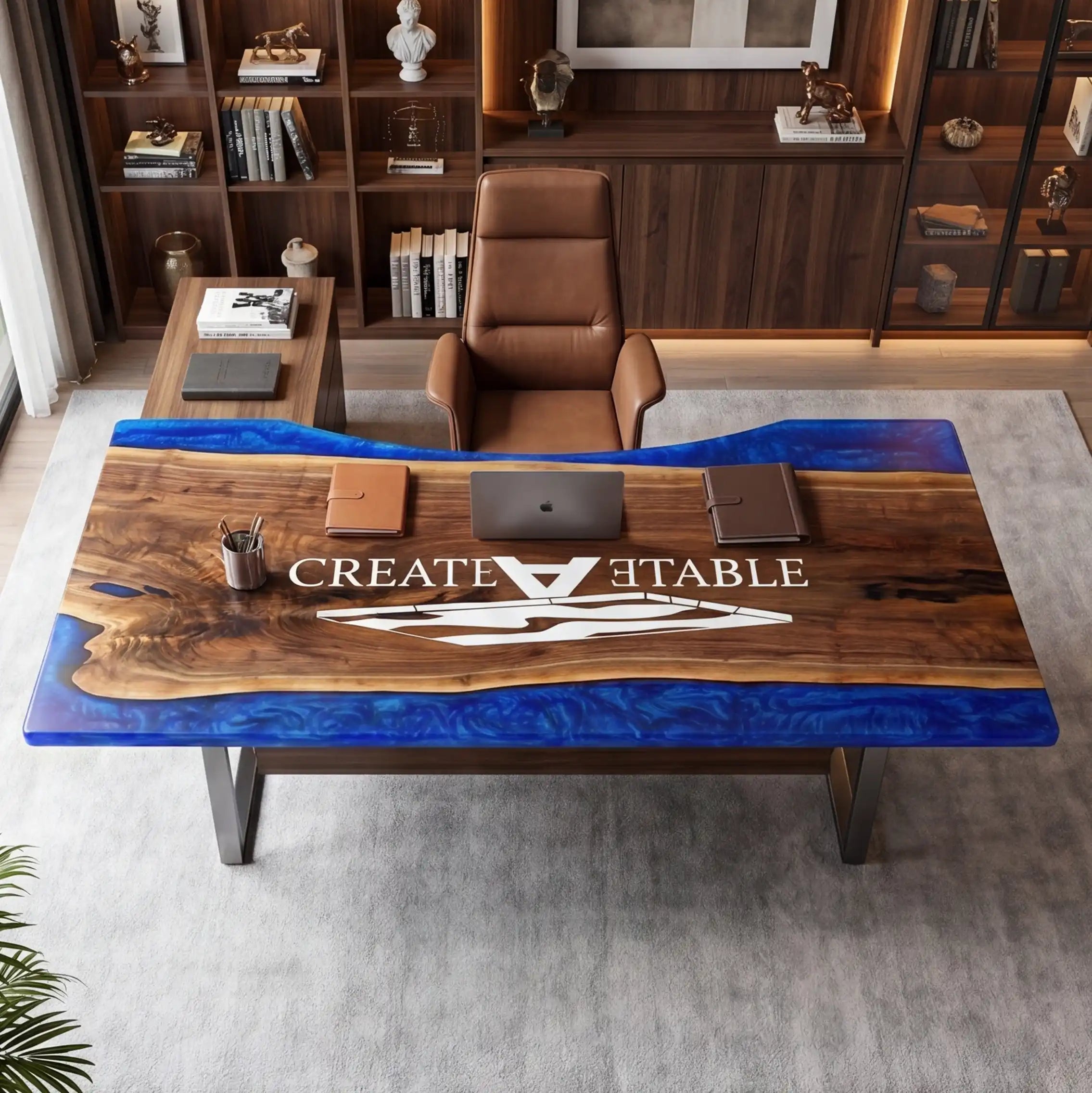Custom Black Walnut and Sapphire Blue Edge Resin “Executive Signature” Series Desk (With White Resin Inlay Logo) RD-49