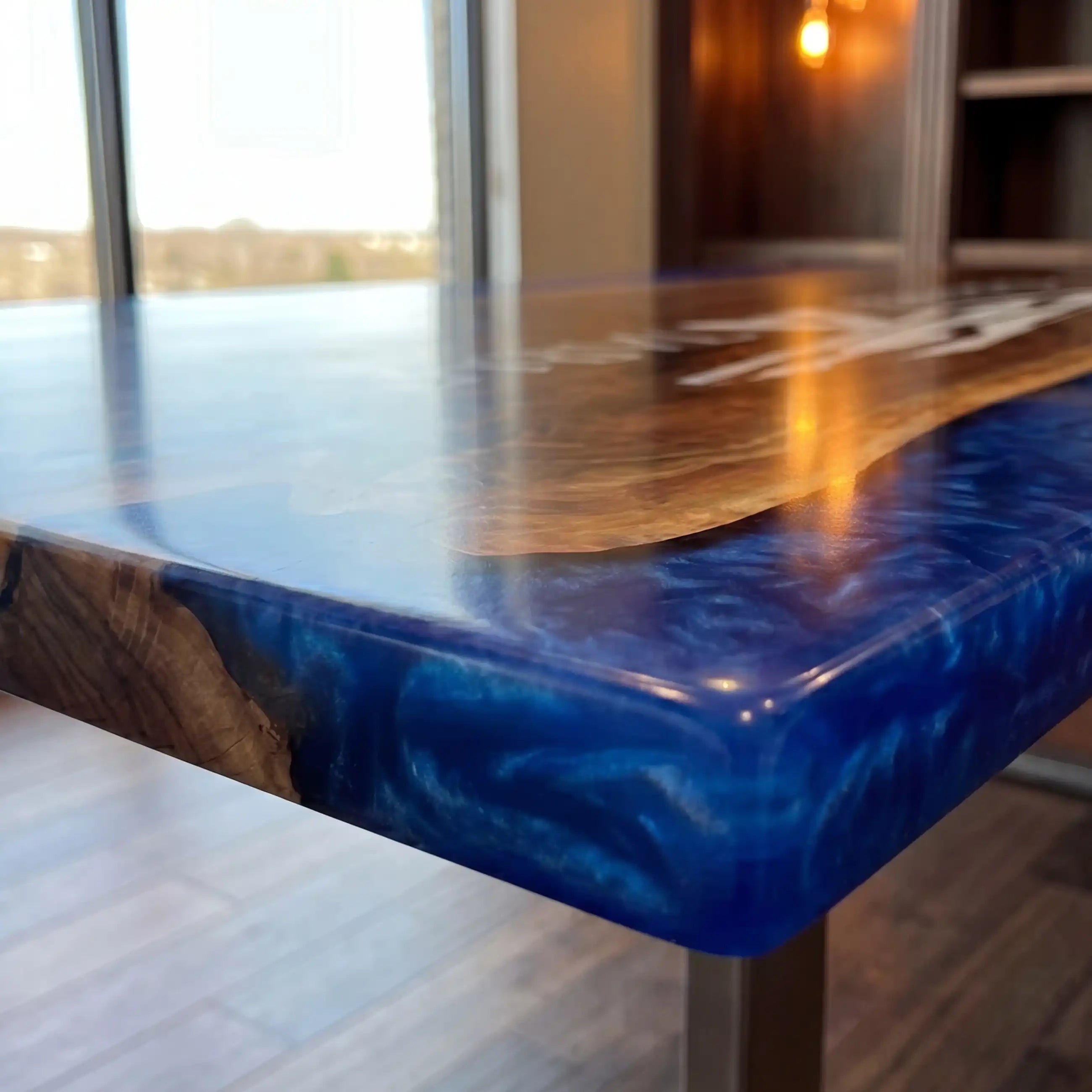 Custom Black Walnut and Sapphire Blue Edge Resin “Executive Signature” Series Desk (With White Resin Inlay Logo) RD-49