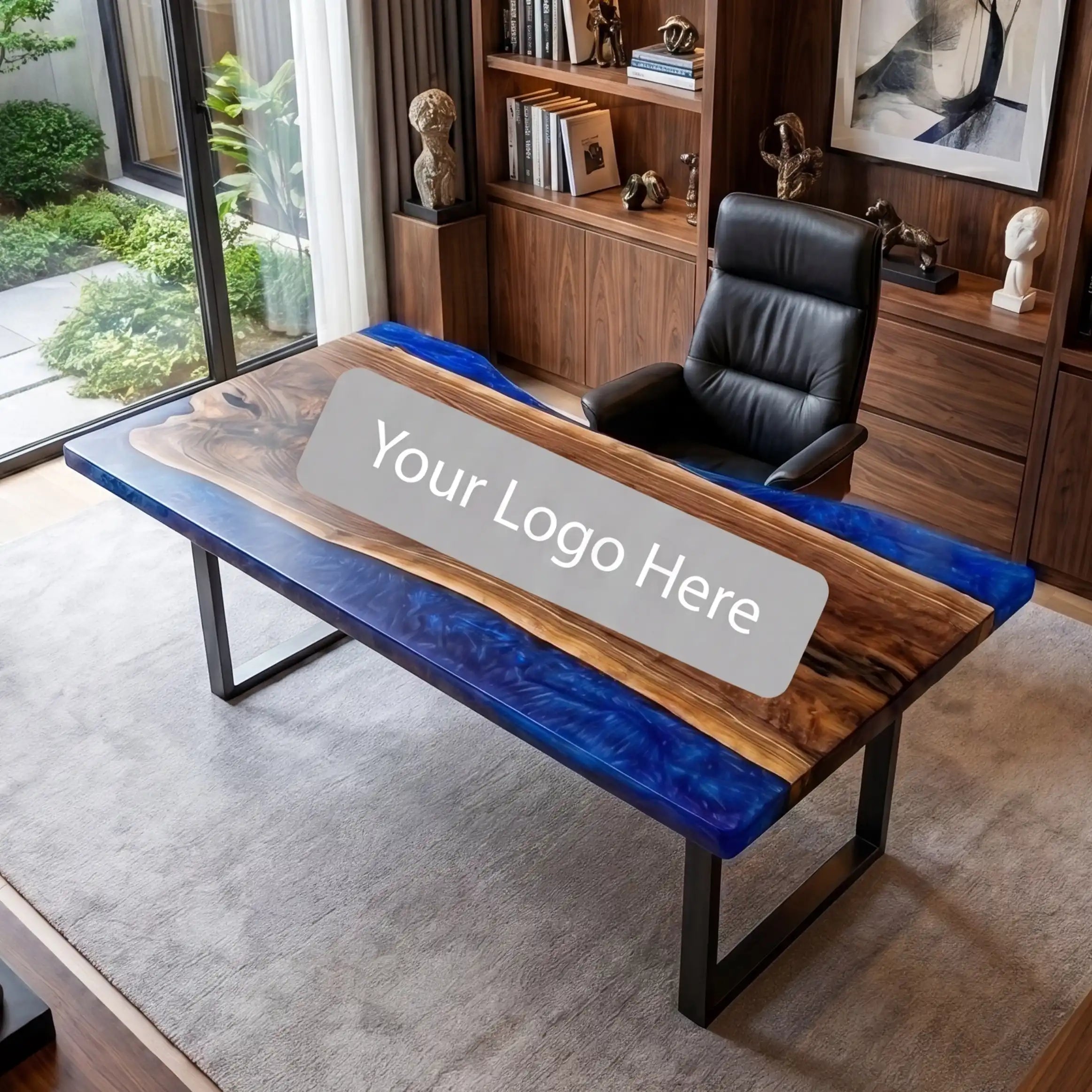 Custom Black Walnut and Sapphire Blue Edge Resin “Executive Signature” Series Desk (With White Resin Inlay Logo) RD-49
