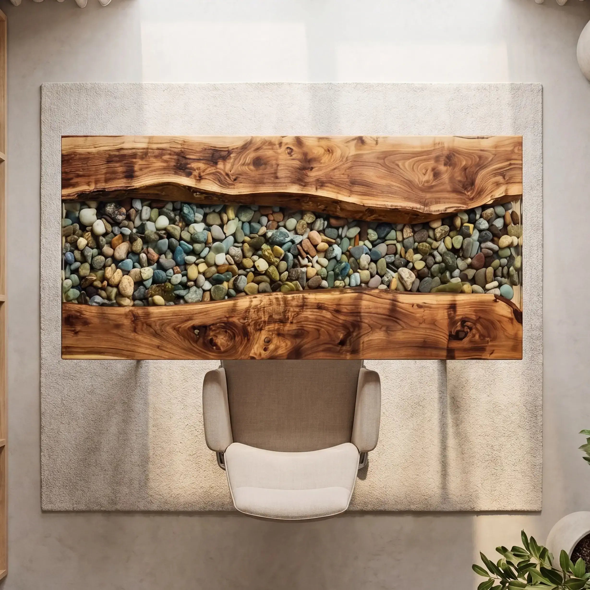Custom Olive Wood and Pebble Clear Resin “Riverbed” Series Desk RD-23